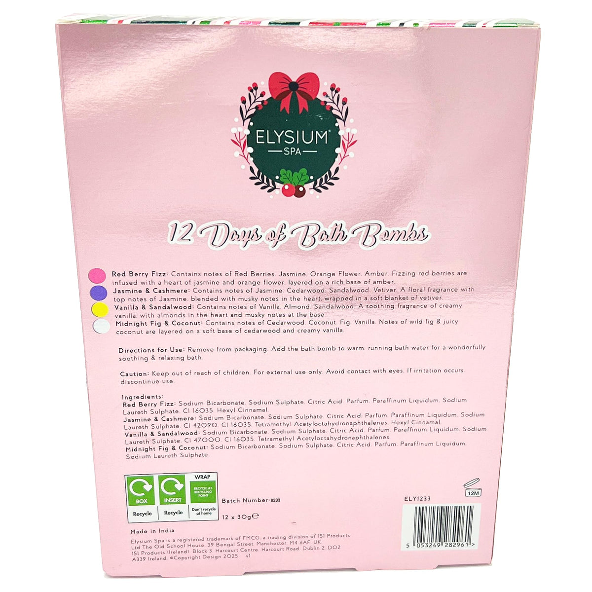 Elysium Spa Christmas Advent Calendar - 12 Days of Bath Bombs | 4 Festive Fragrances | Pamper Gift Set