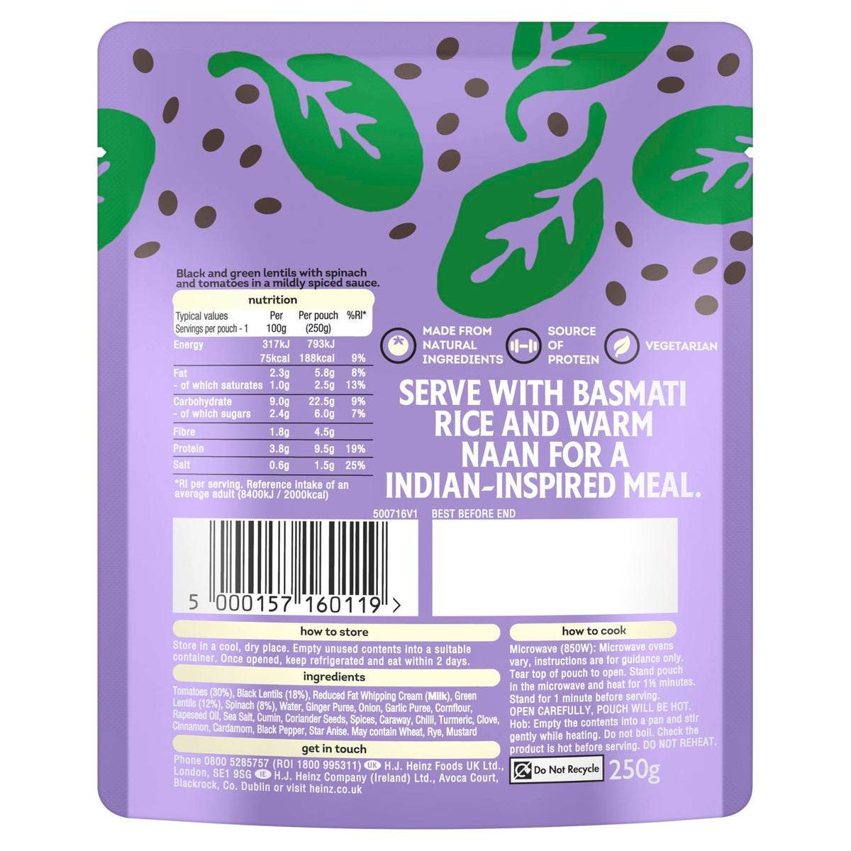 HEINZ Black Lentil Dhal with Spinach and Tomatoes - Meal for One, Pack of 4