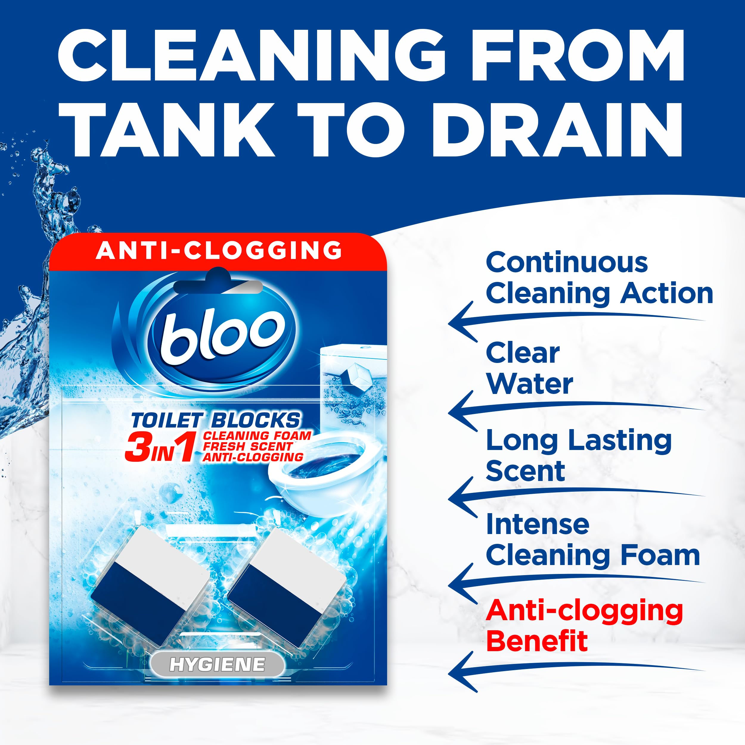 Bloo Hygiene 3in1 Cleaning Foam Toilet Blocks - Active Limescale Prevention, Fresh Scent | 2 Pack 2