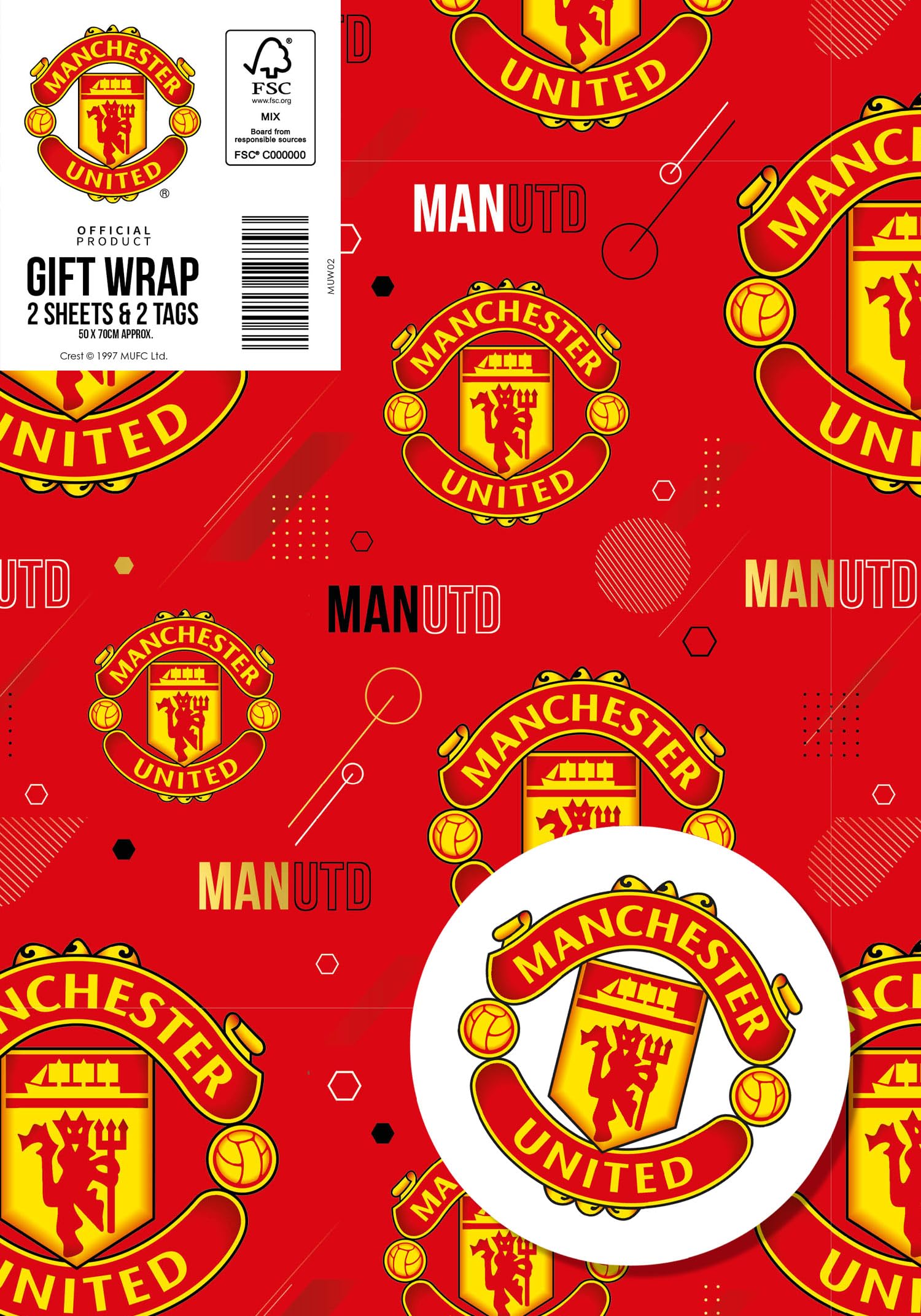 Danilo Promotions LTD Manchester United Wrapping Paper - 2 Sheets, 2 Tags | Red Football Theme