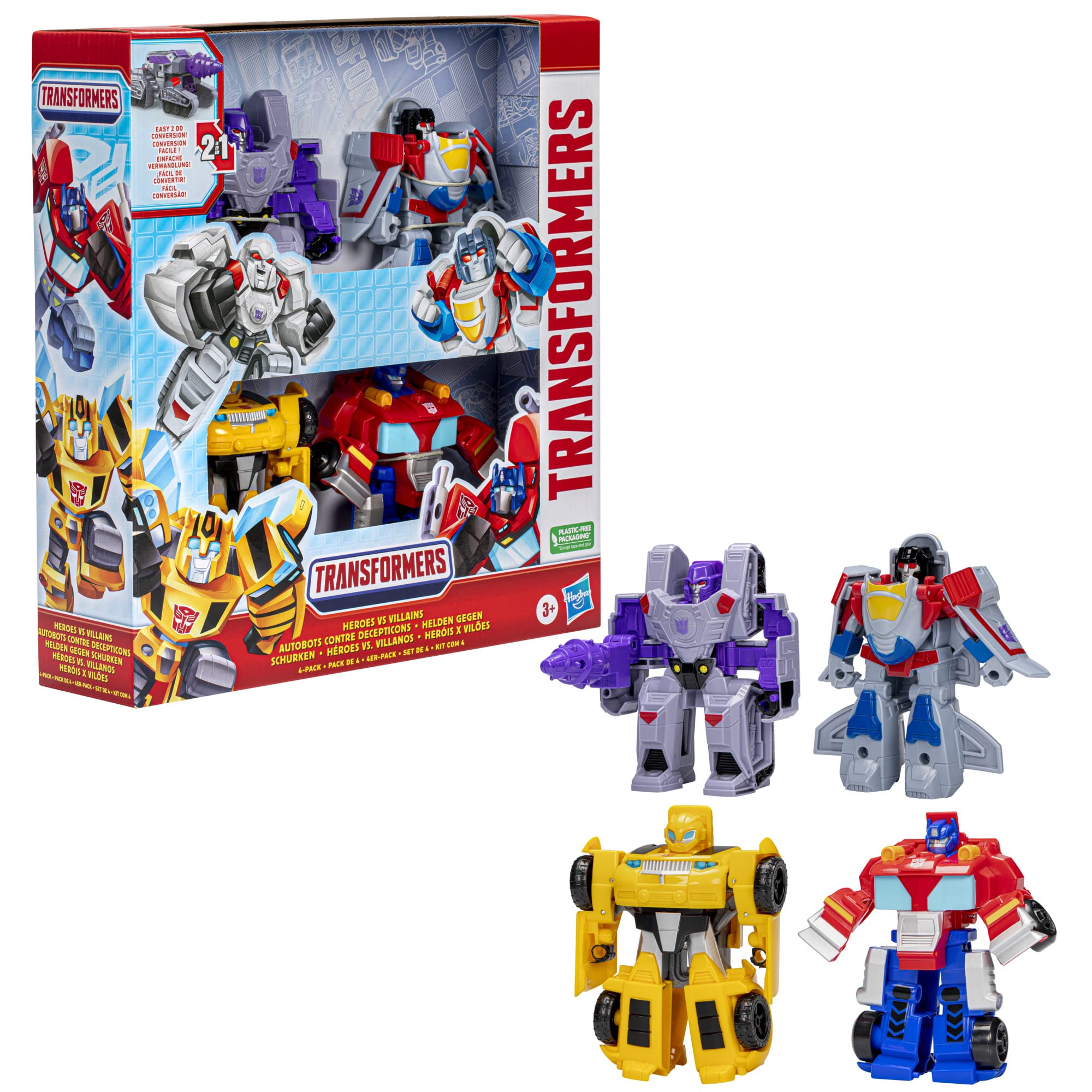 Transformers Heroes vs Villains 4-Pack Action Figures - Optimus Prime, Bumblebee, Megatron, Starscream | 11-cm Figures | Ages 3+ 5