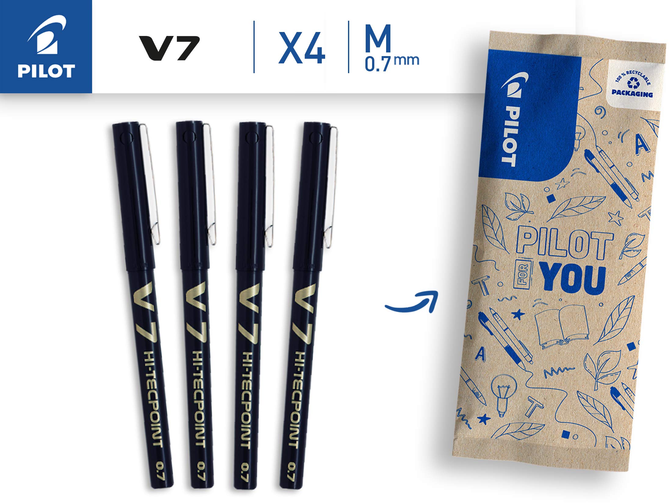 PILOT V7 Liquid Ink Rollerball Pen - 0.7mm Tip, Black Ink | Pack of 4 2