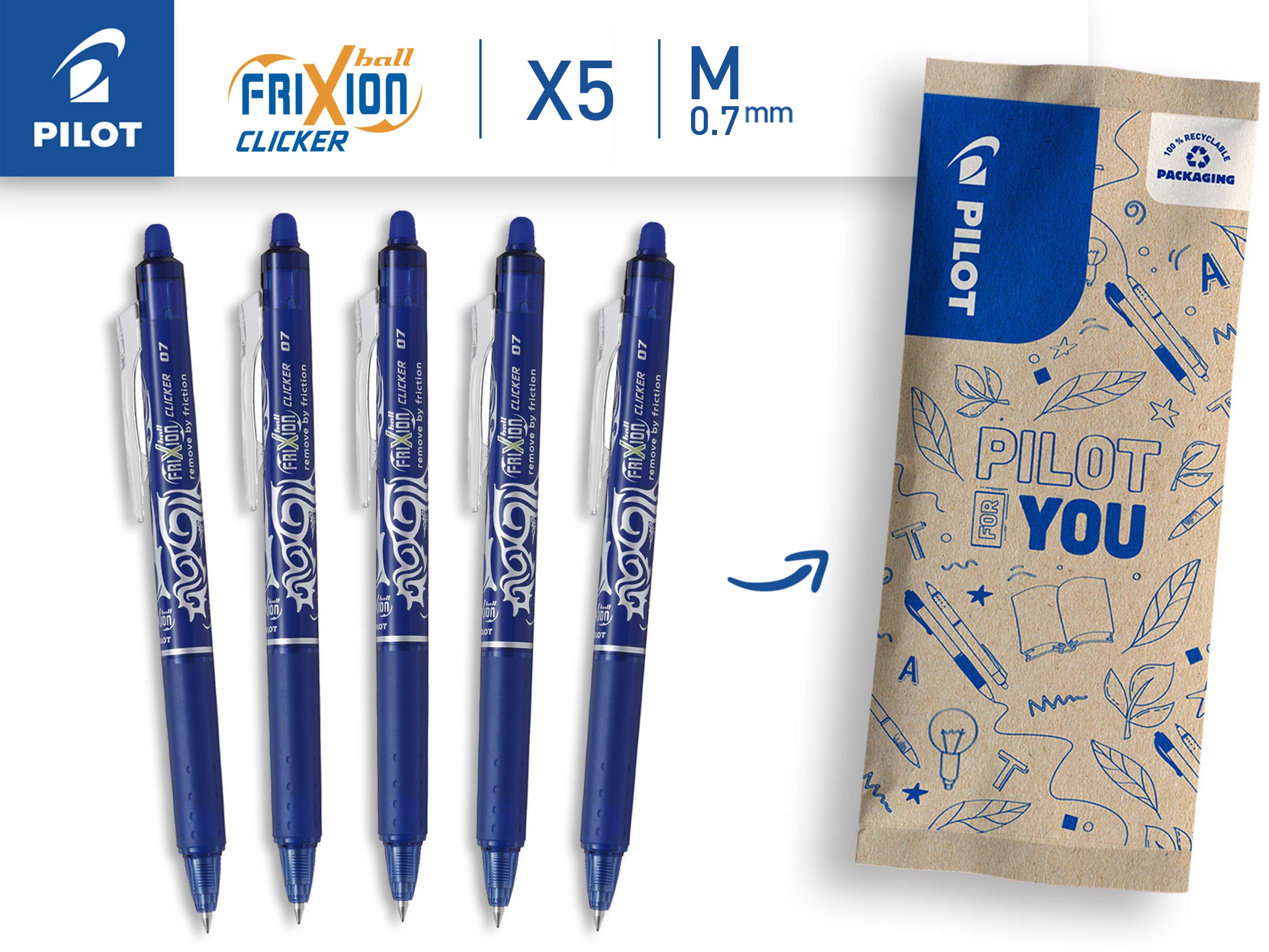 PILOT FriXion Clicker Erasable Rollerball Pen - 0.7mm Medium Point, Blue Ink | Pack of 5