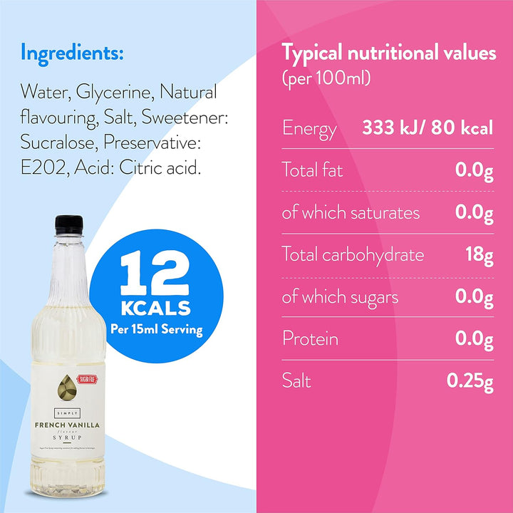 Simply - Sugar Free French Vanilla Syrup, Low Calorie Vegan Flavoured Beverage Syrup