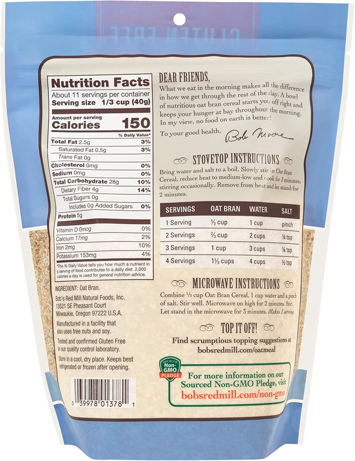 Bob's Red Mill Gluten Free Oat Bran - High Fiber Hot Cereal, 454g