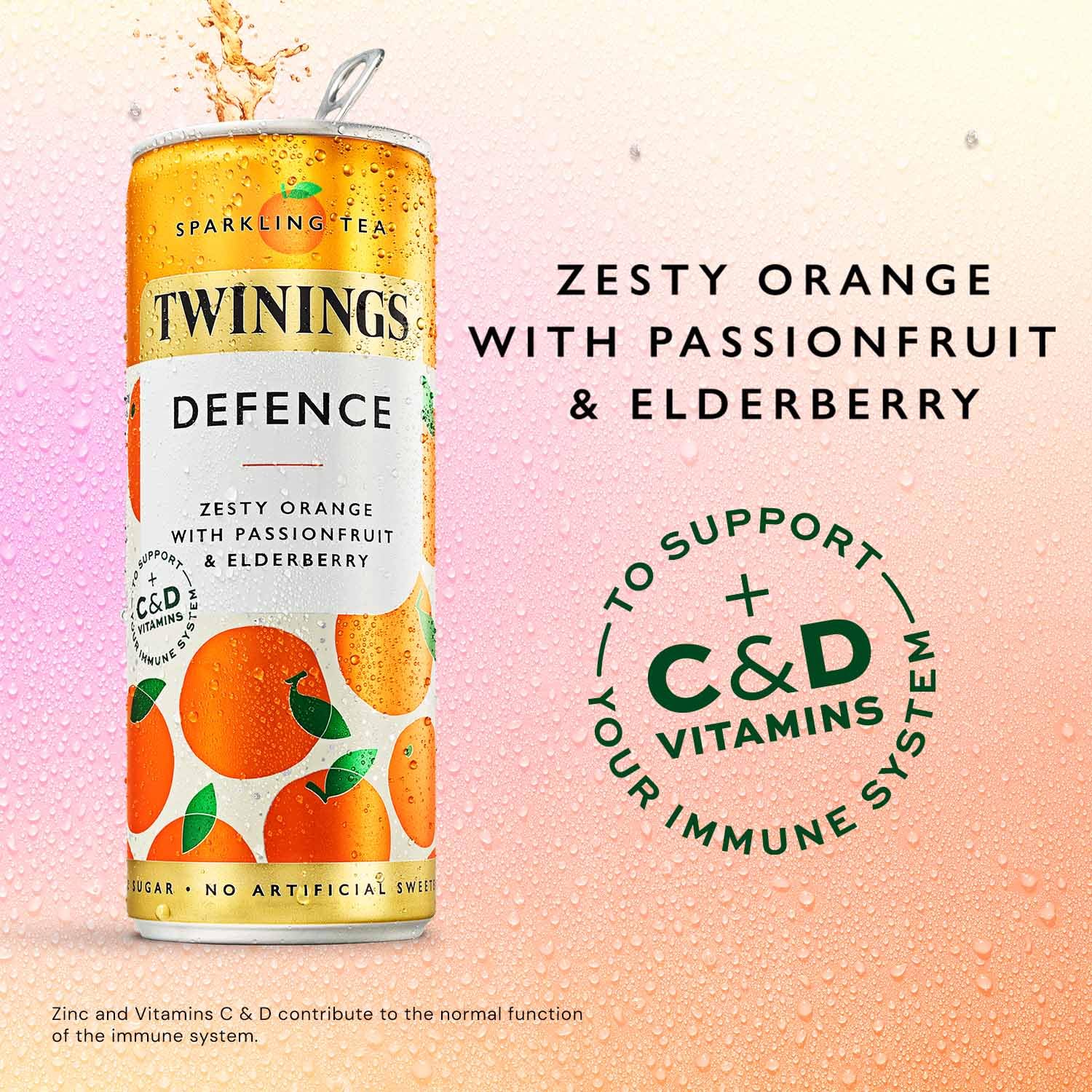 Twinings Defence Orange & Passionfruit Sparkling Tea - 4 x 250ml Cans | Immunity Support, Low Calorie, No Added Sugar