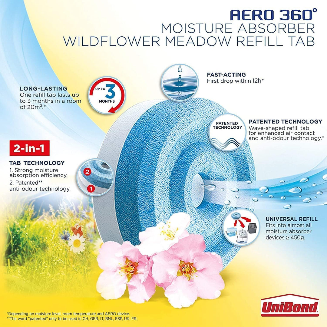 Unibond AERO 360° Wildflower Meadow Refill Tabs - 4x450g Moisture & Odour Absorber for Home