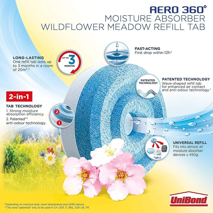 Unibond AERO 360° Wildflower Meadow Refill Tabs - 4x450g Moisture & Odour Absorber for Home