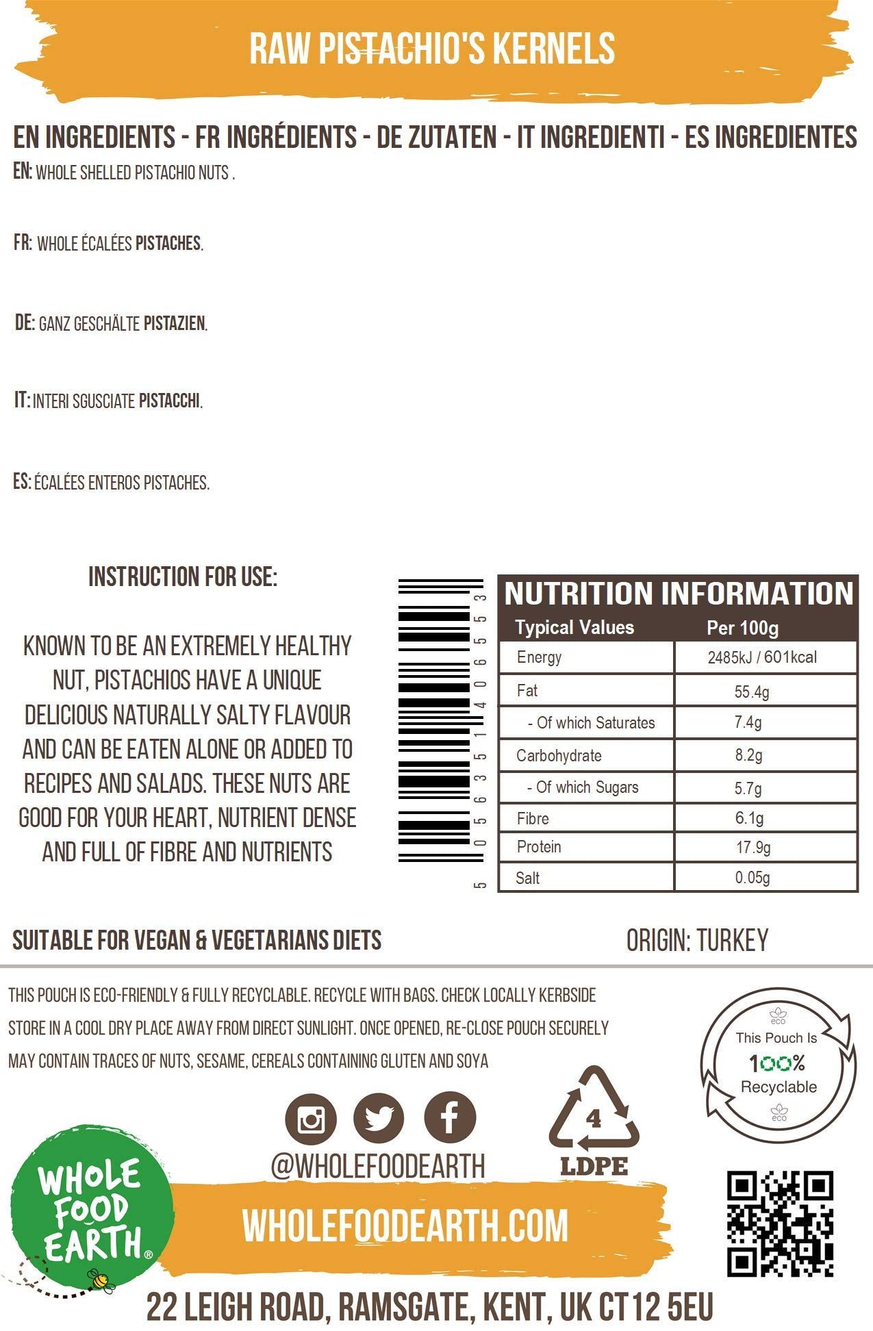 Wholefood Earth Raw Pistachio Kernels - GMO Free, Natural | 250g