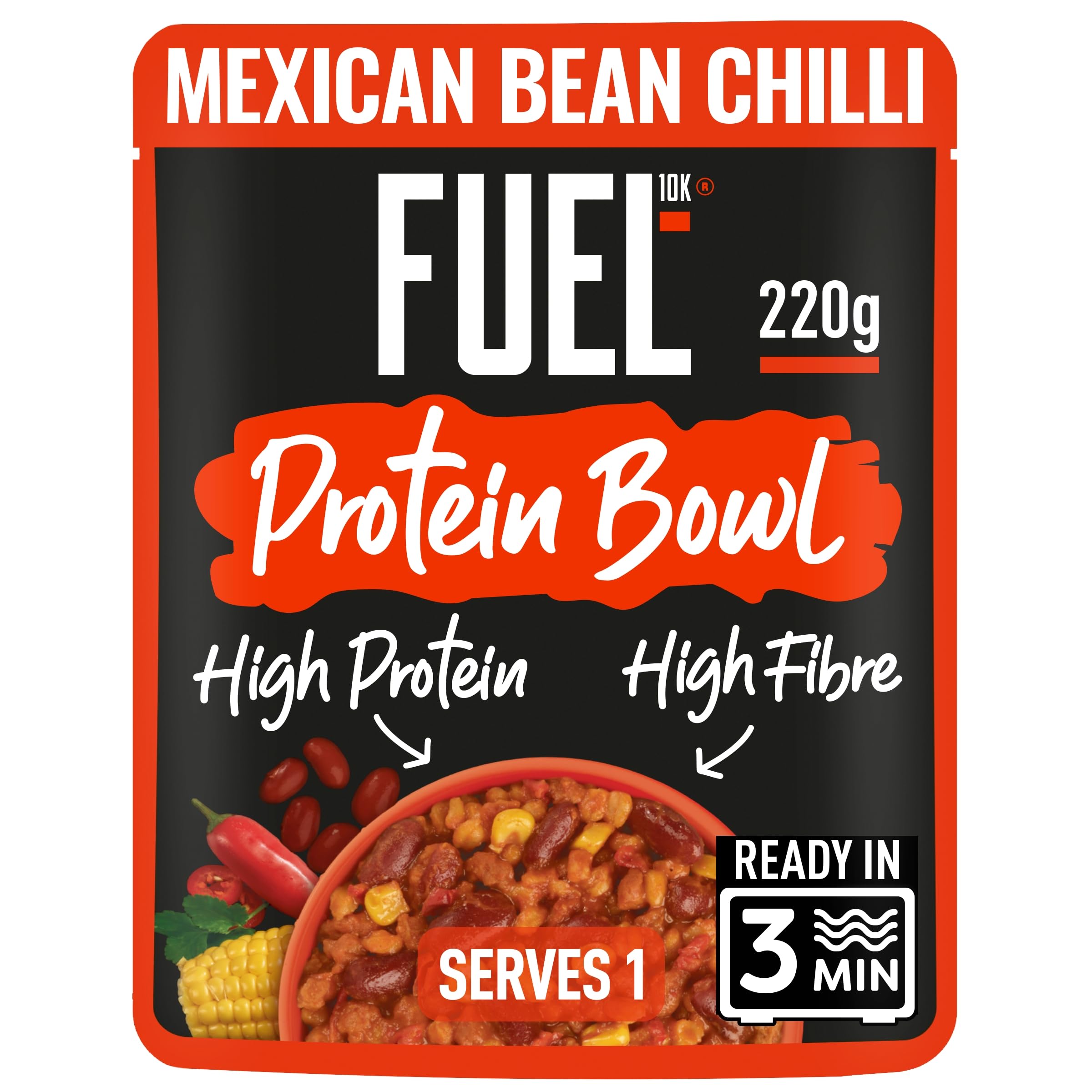 FUEL10K High Protein Mexican Bean Chilli Microwave Ready Meal - 14g Protein, Pack of 6 7