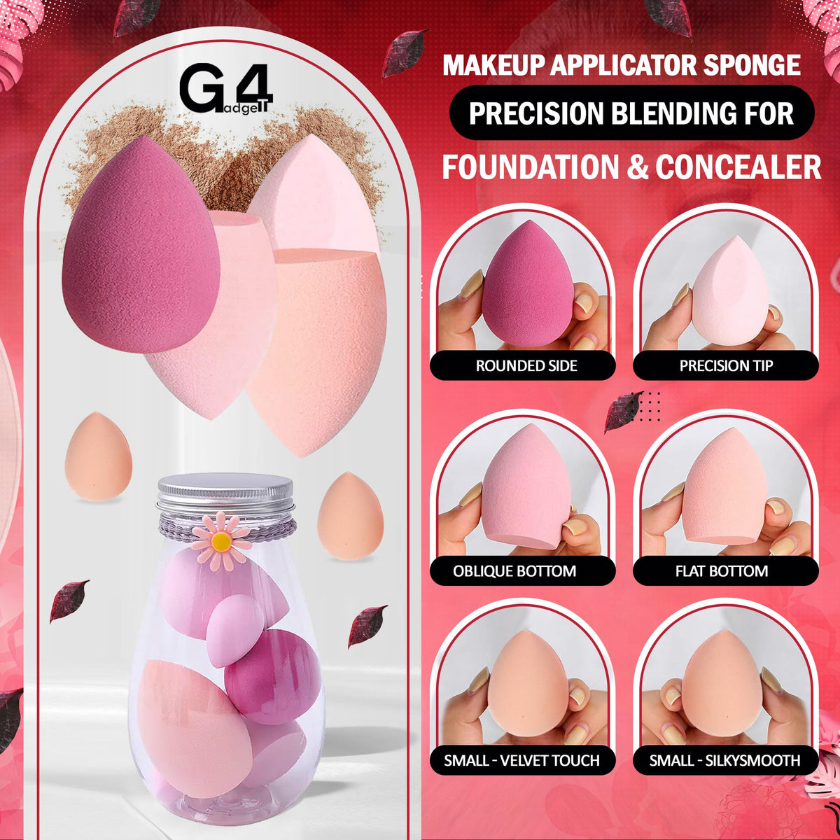 G4GADGET Makeup Sponges - 6 Non-Latex Foundation Blending Tools with Bottle Case
