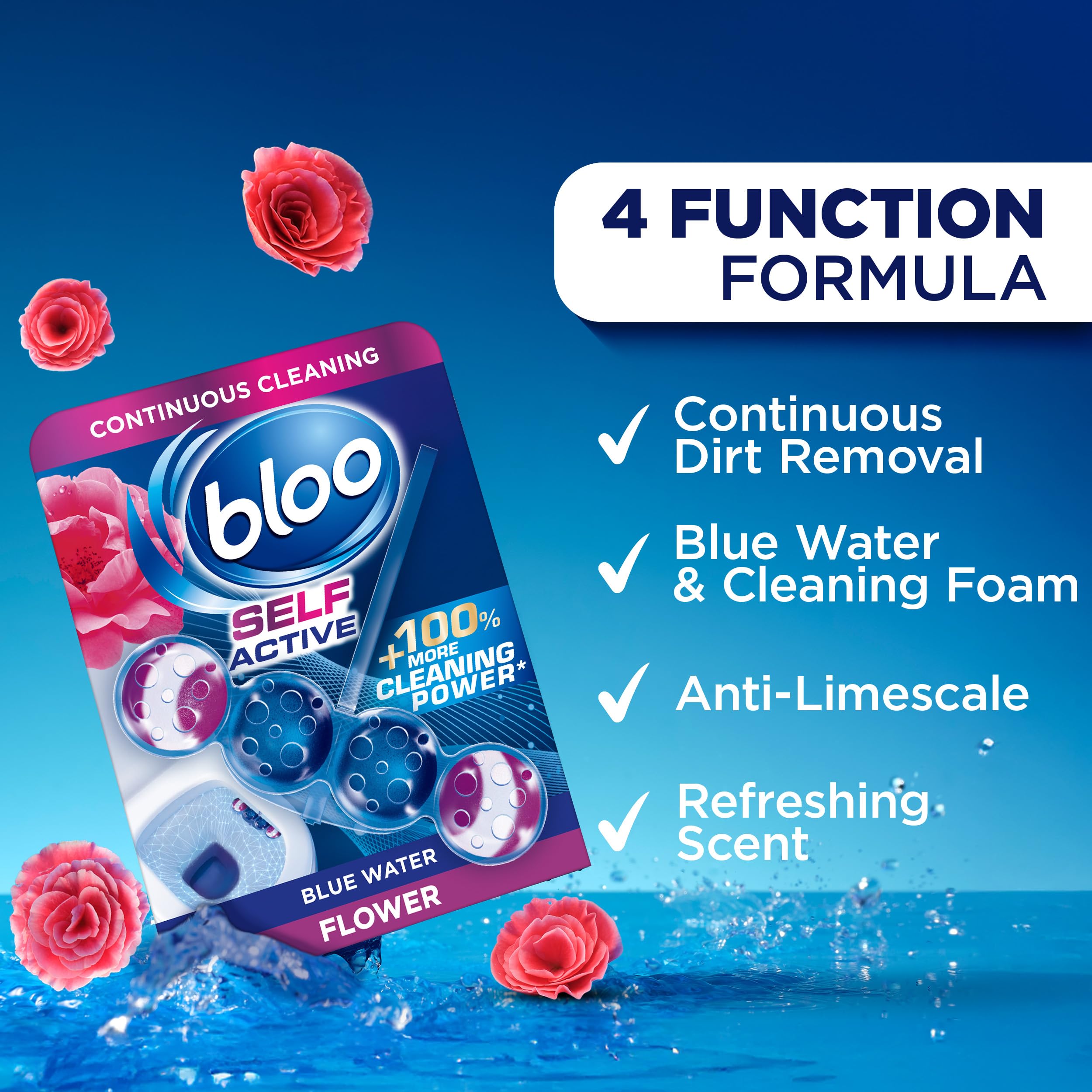 Bloo Self Active Toilet Rim Block Cleaner with Flower Scent, 4-Function Formula, Pack of 3 2