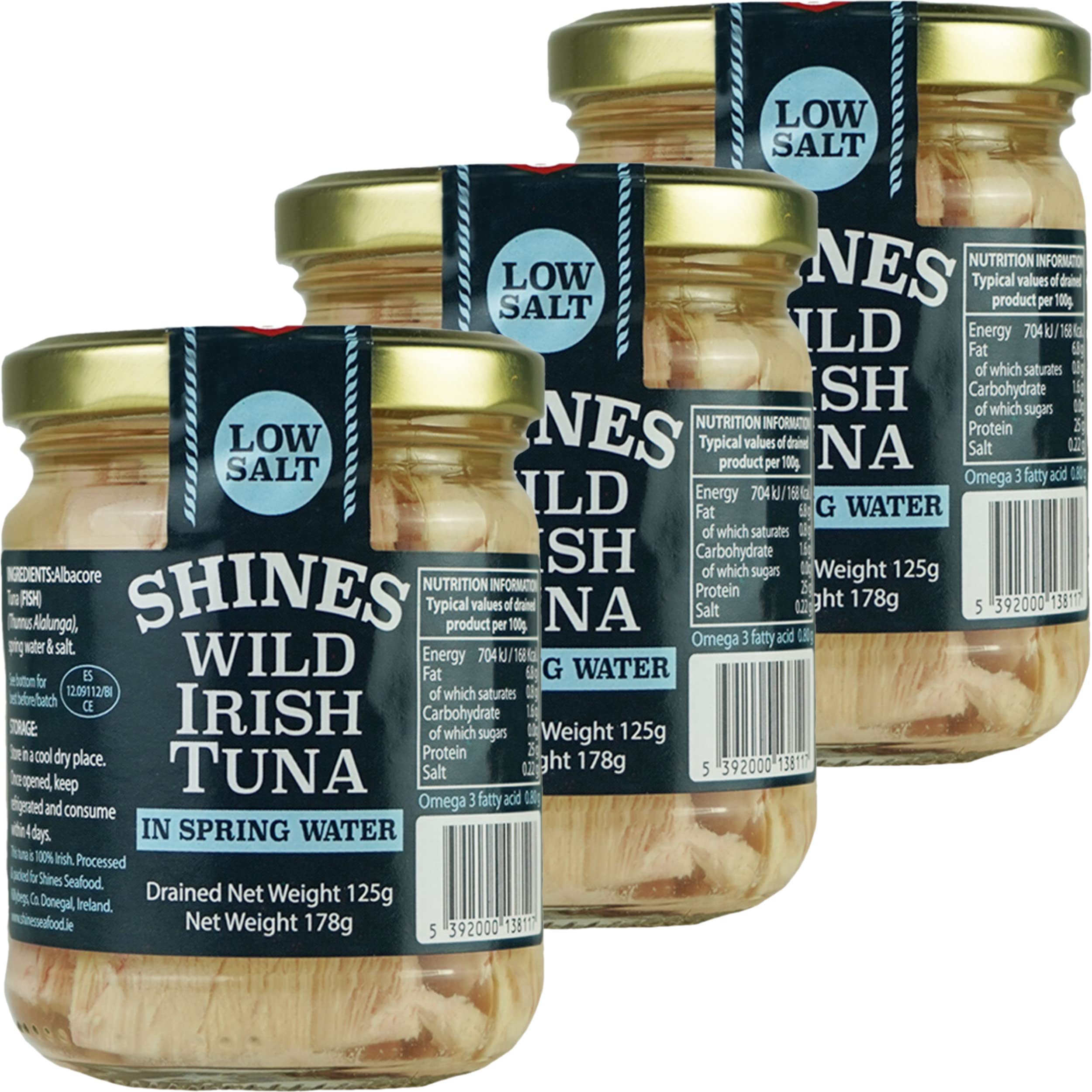 Shines Wild Irish Albacore Tuna in Water - 3 x 185g Glass Jars | High Protein, Low Carb, Omega 3