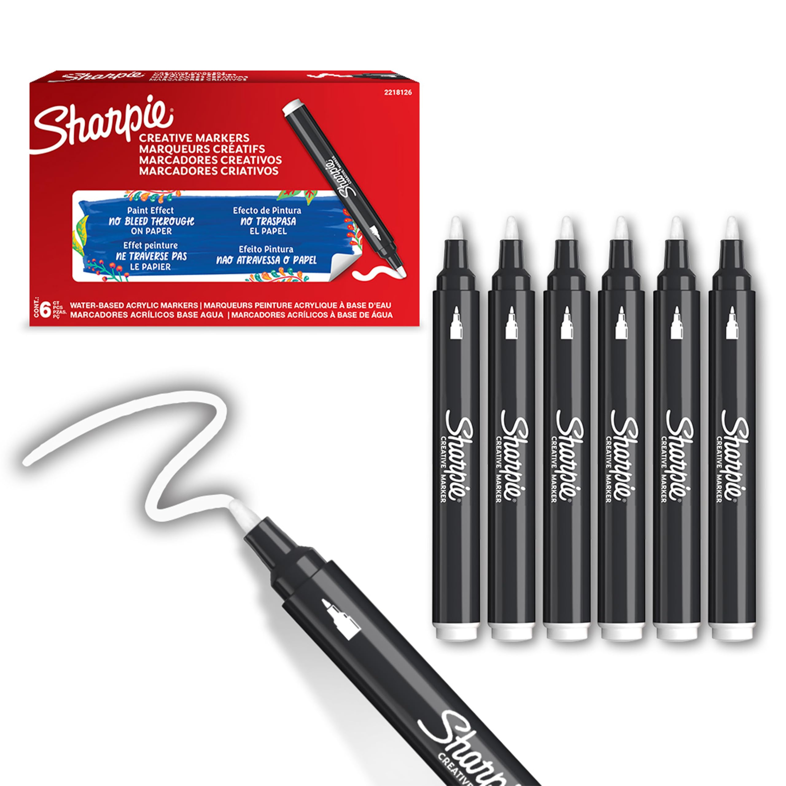 Sharpie Creative Marker Acrylic Paint Pens - White Ink, Bullet Tip, No-Bleed | Pack of 6 1