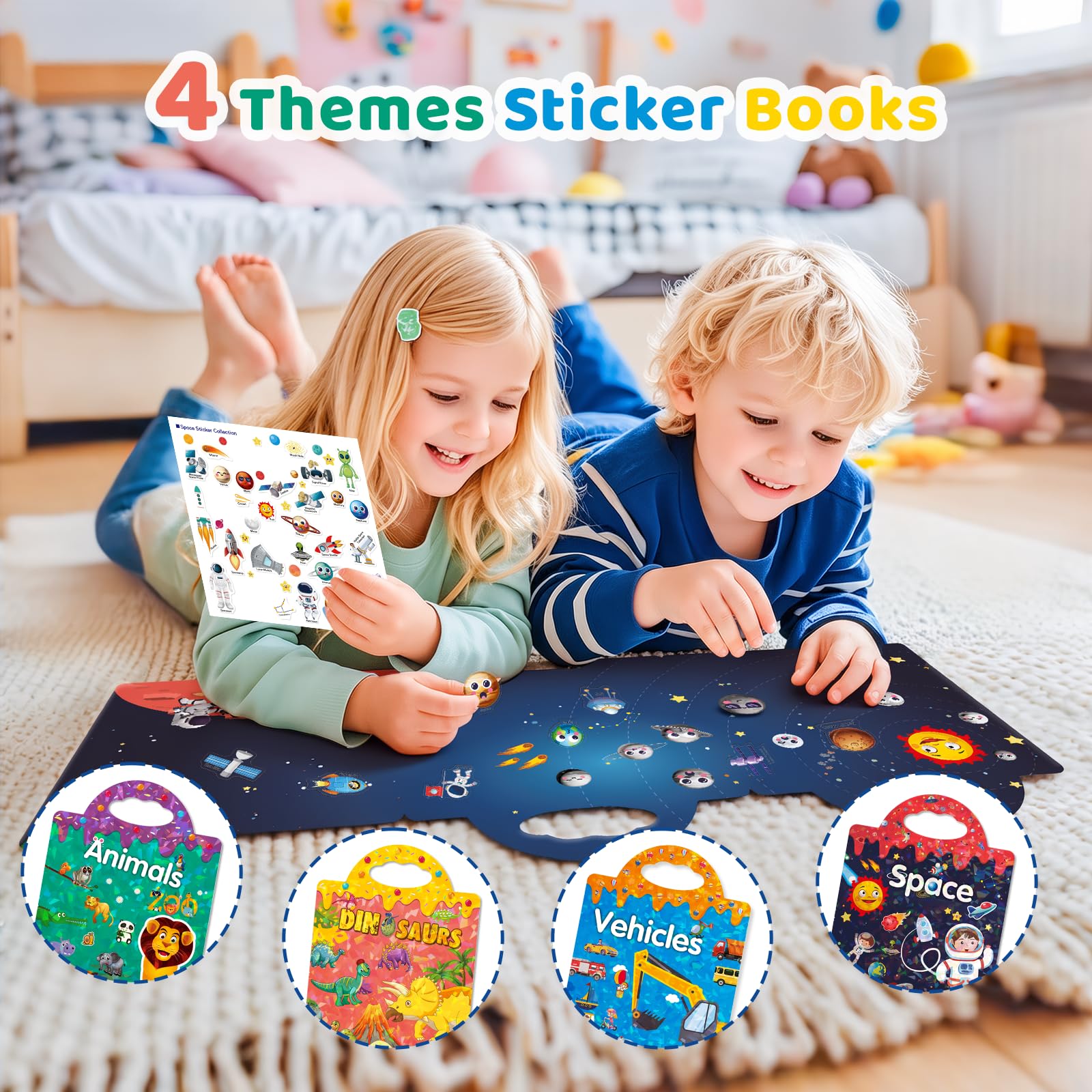 GUYUCOM Reusable Sticker Books - 4 Pack Toddler Travel Toys | Animal, Dinosaur, Space, Vehicles Themes 7