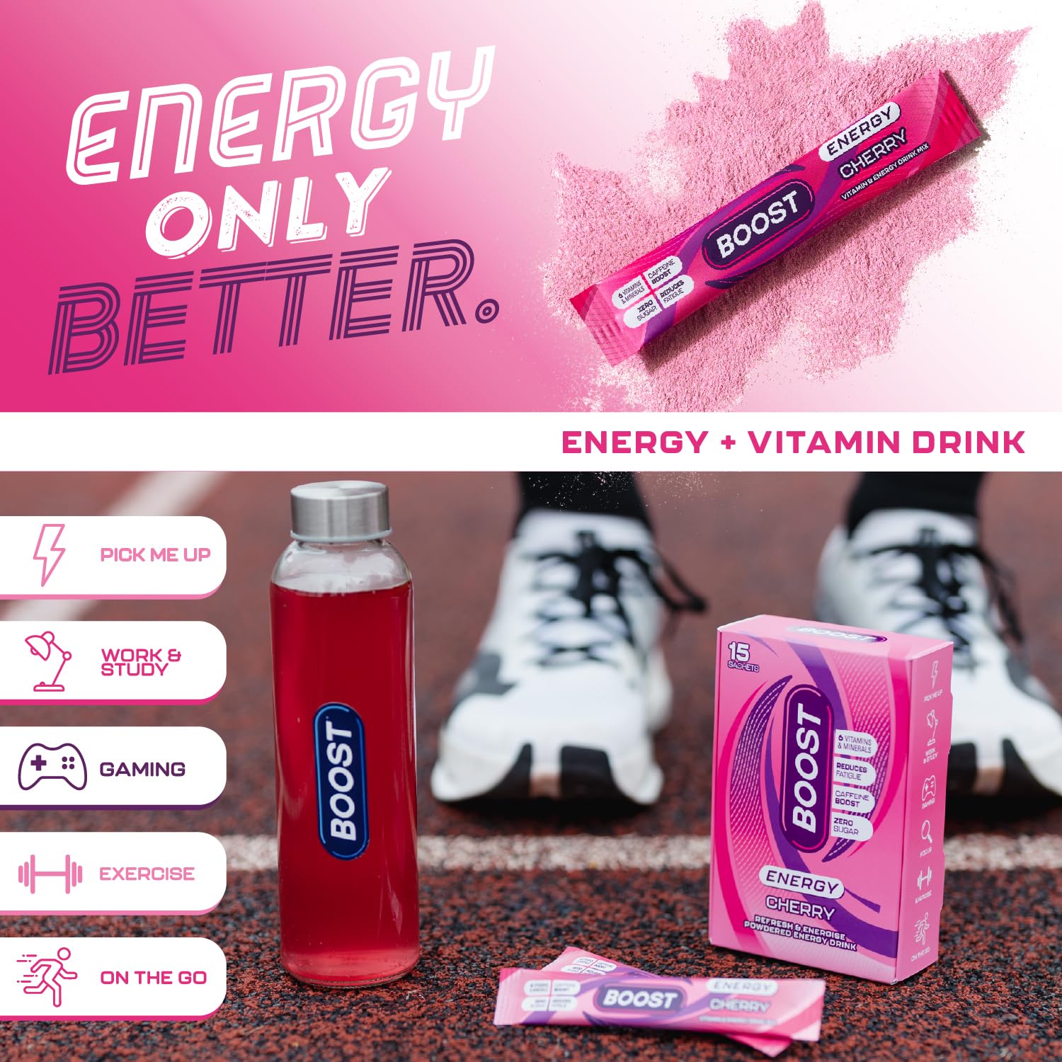 Boost Energy and Hydration Powder - Cherry Flavour | Zero Sugar | 15x Sachets 5