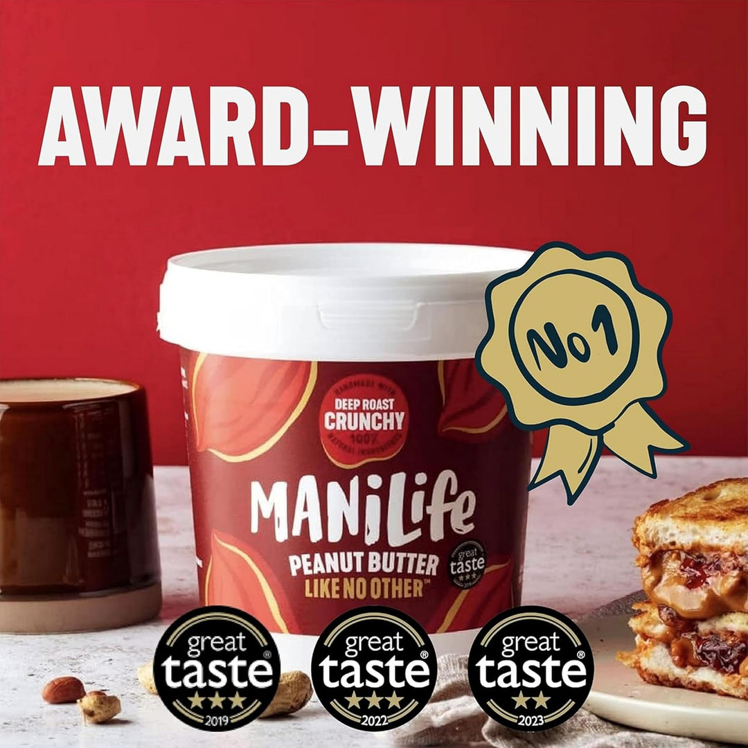 ManiLife Deep Roast Crunchy Peanut Butter, 900g - Single Origin Argentine Peanuts, No Palm Oil, No Added Sugar, Vegan