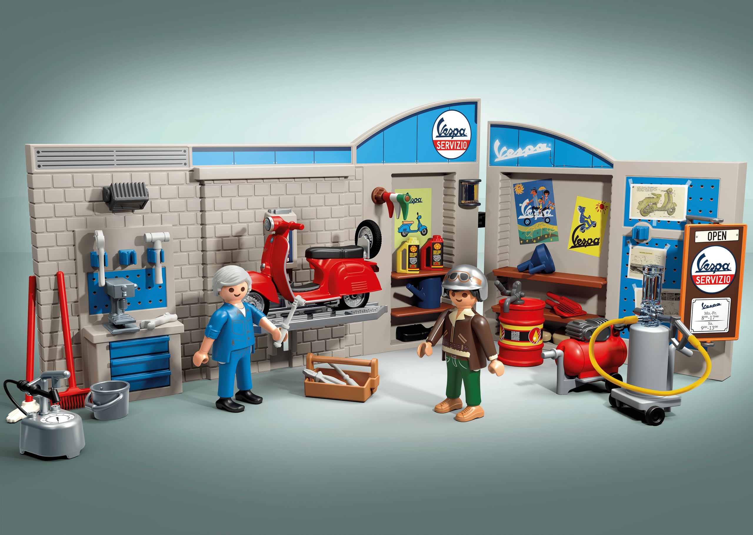Playmobil 71620 Cars: 60s Vespa Garage Playset with Movable Lifting Platform 2