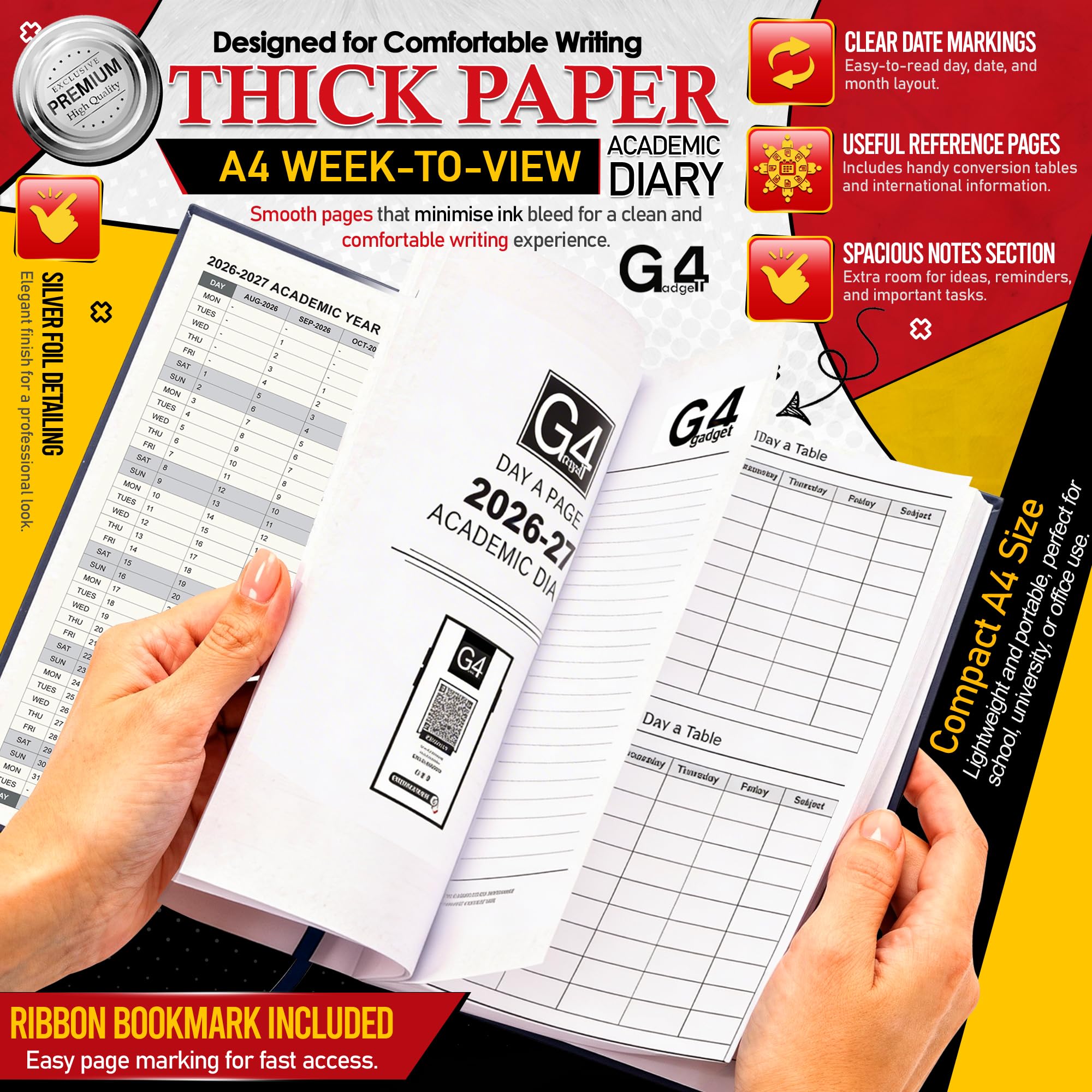 G4GADGET 2026-2027 Academic Diary - A4 Week To View Black Hardback 2