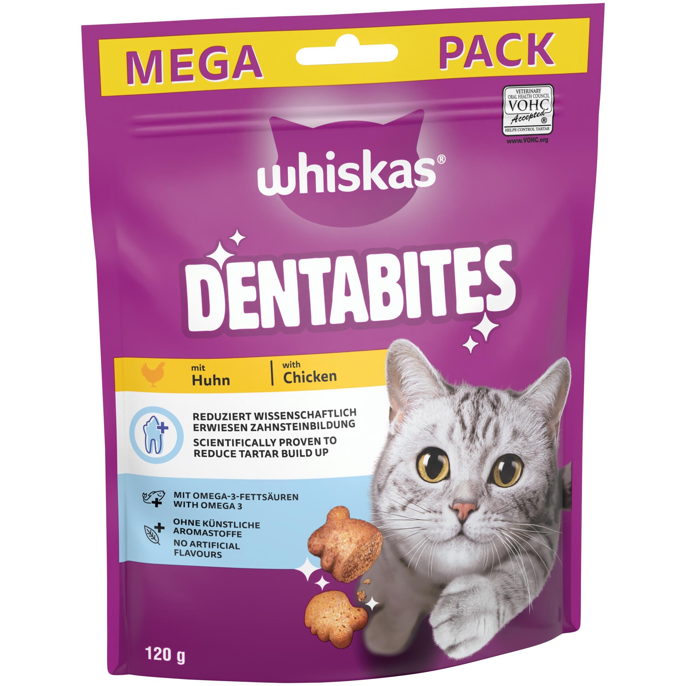 Whiskas Dentabites Adult Cat Treats with Chicken - Helps Control Tartar | 120g (Pack of 4)