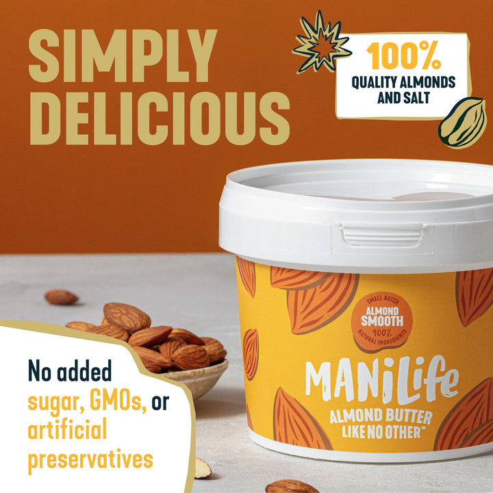 MANÍLIFE Smooth Almond Butter, 1kg Jar - Vegan Nut Spread with Sea Salt