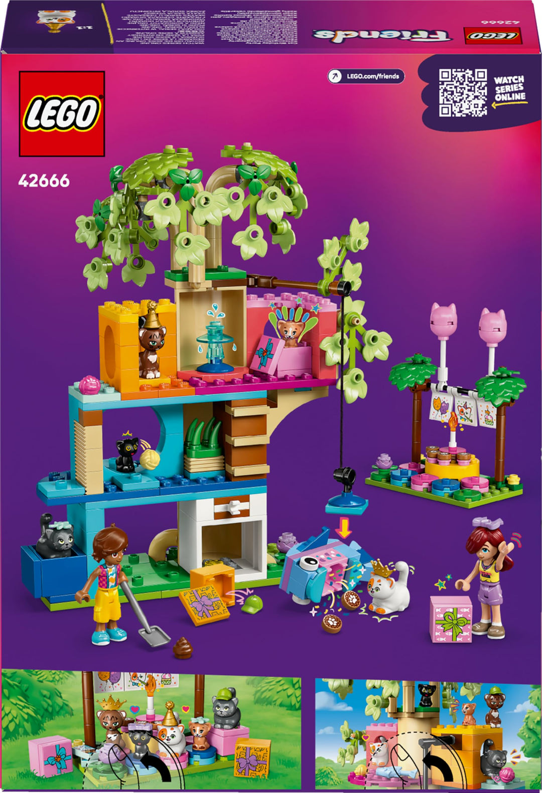 LEGO Friends Cat Birthday Party & Tree House Toy - 2 Mini Dolls, 5 Cat Figures, 321 Pieces