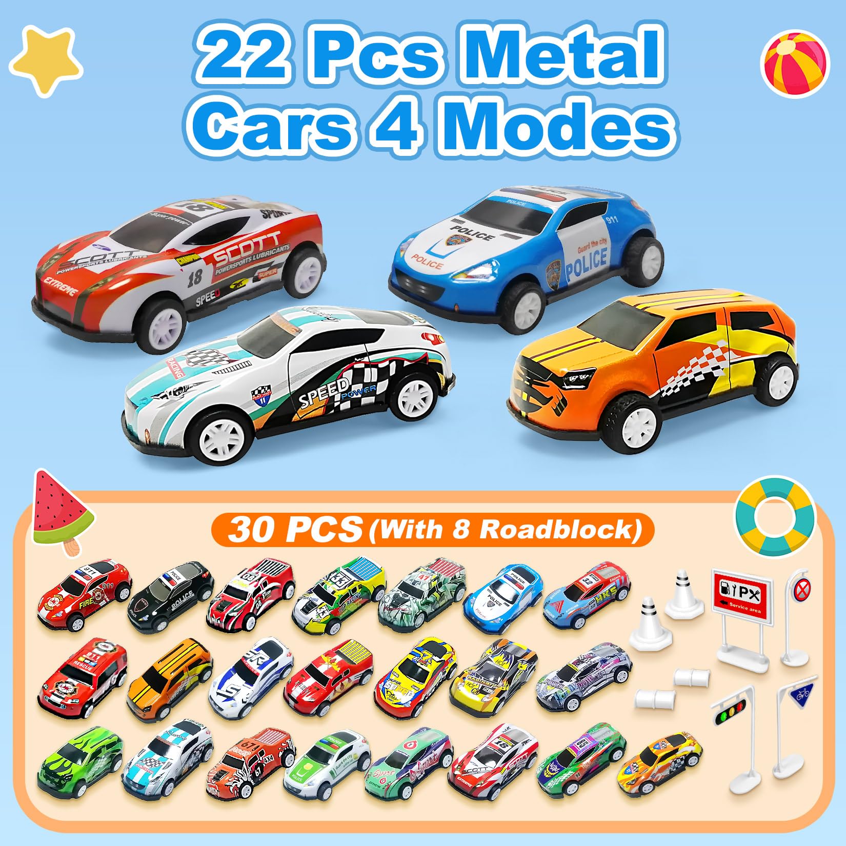 TOYABI 22Pcs Metal Race Car Set with 8 Roadblocks | Pull Back Action | Metal Shell 7