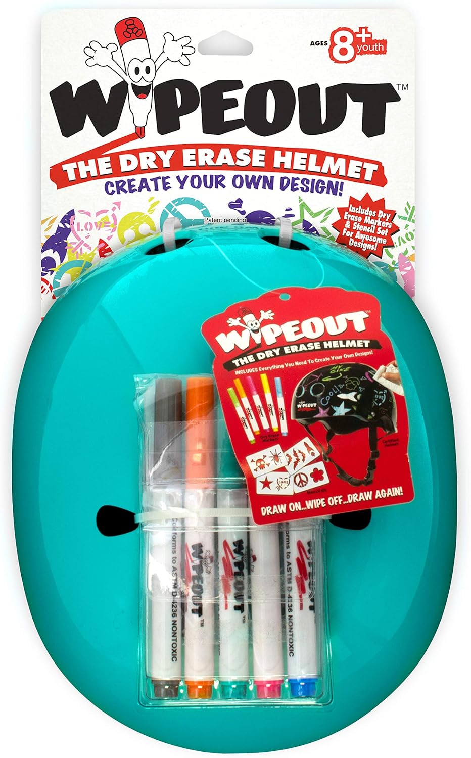 Wipeout Unisex Youth Dry Erase Bike, Skate, and Scooter Helmet with Markers and Stencil Kit, Teal Blue, Ages 5+