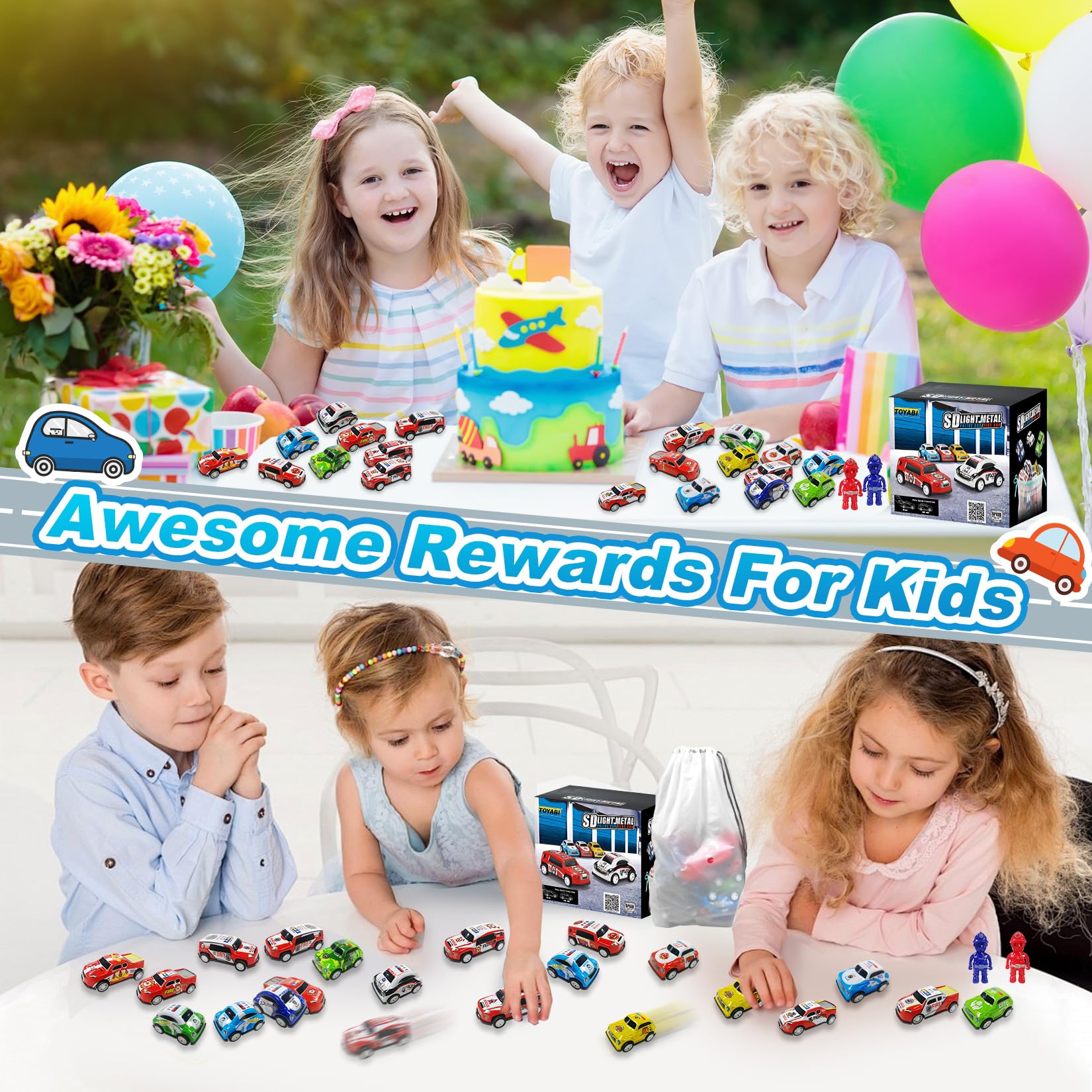 TOYABI Mini Toy Cars for Kids - 22pcs Metal Race Car Set with 2 Dolls, Pull Back Vehicles for Children 3+ 4