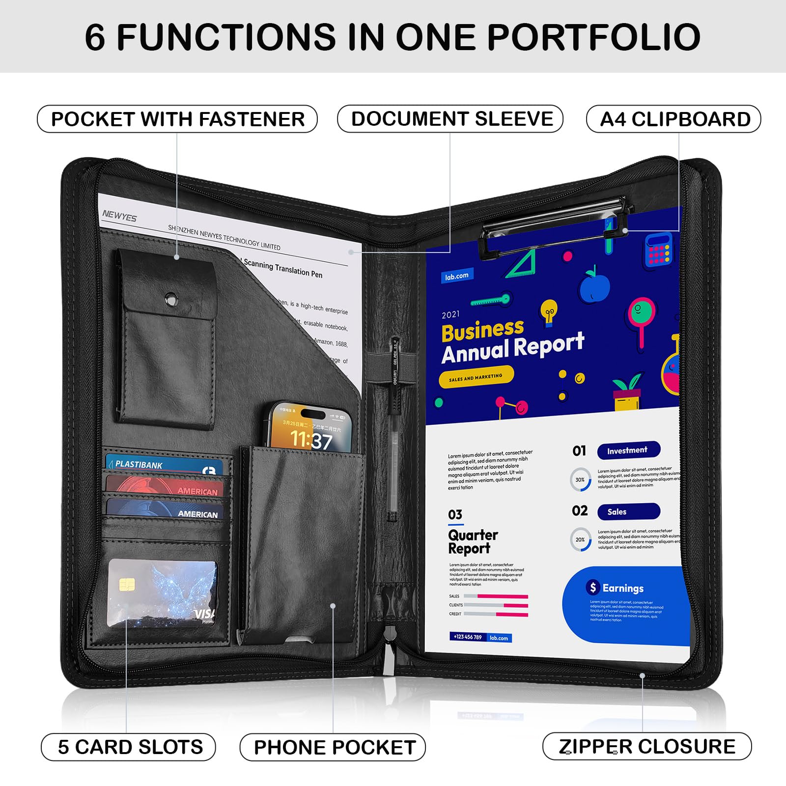 NEWYES A4 Zippered PU Leather Travel Portfolio - Black, Waterproof | 5 Card Slots, Pen Holder