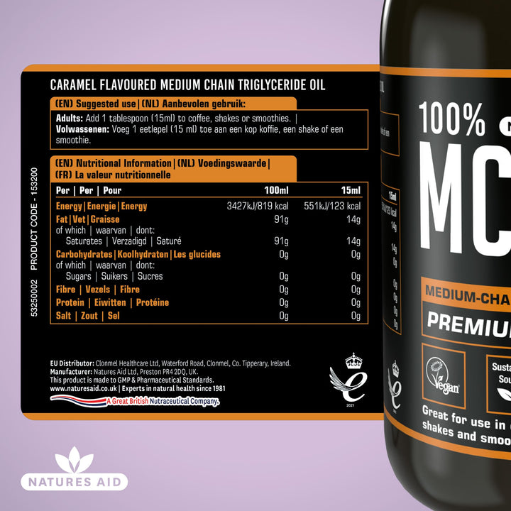 Natures Aid MCT Oil 500ml Caramel Flavour – Coconut-Derived Oil for Coffee, Shakes & Smoothies
