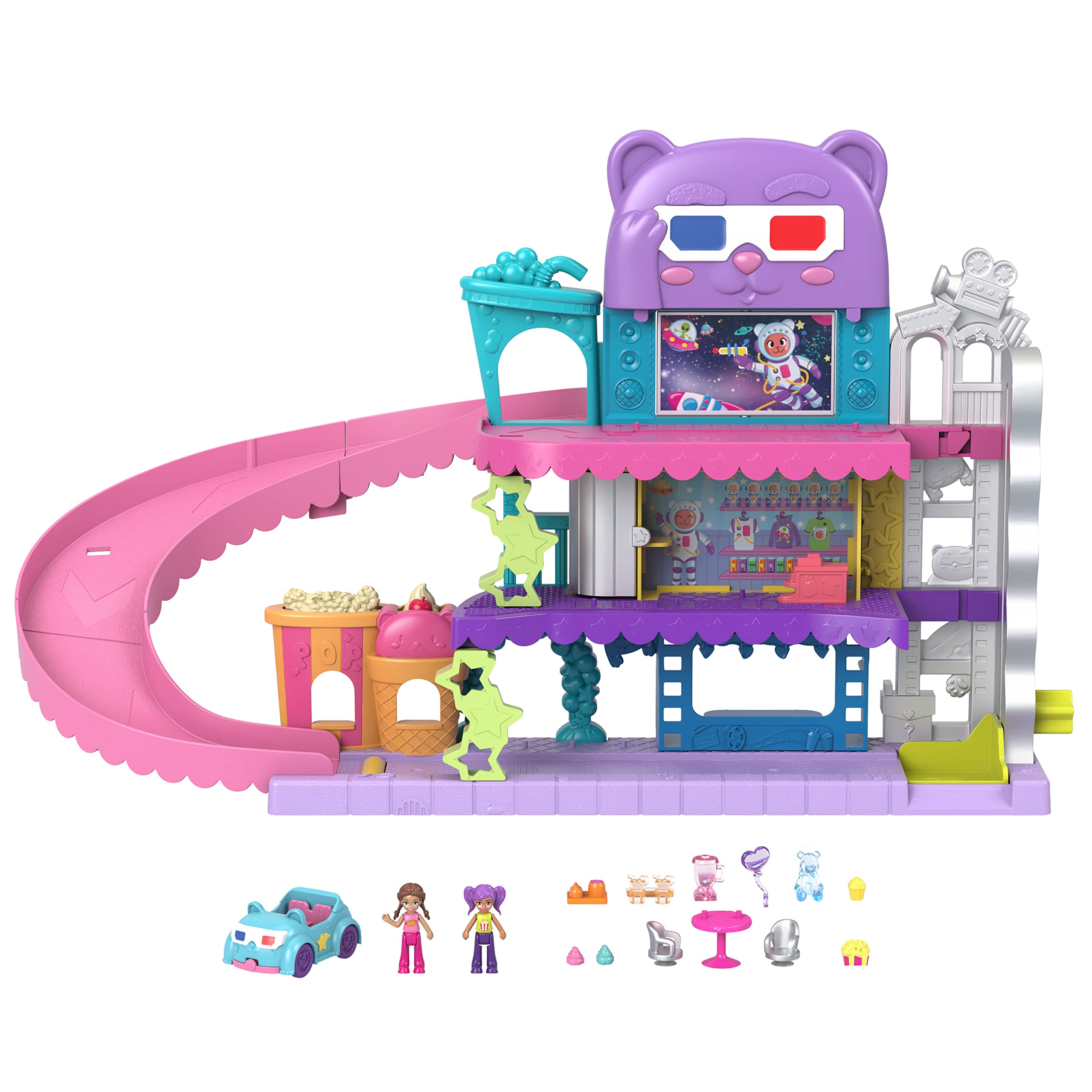 Polly Pocket Pollyville Drive-In Movie Theatre Playset with 2 Micro Dolls, 1 Toy Car, 11 Accessories