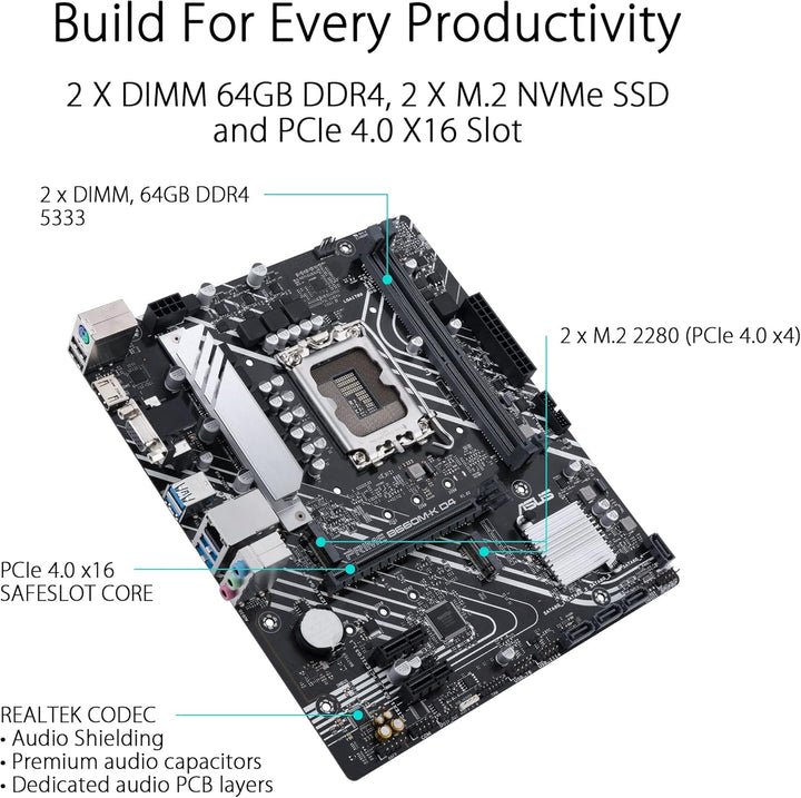 ASUS Prime B660M-K D4 Intel B660 LGA 1700 mATX Motherboard with PCIe 4.0, Dual M.2 Slots, and Enhanced Cooling