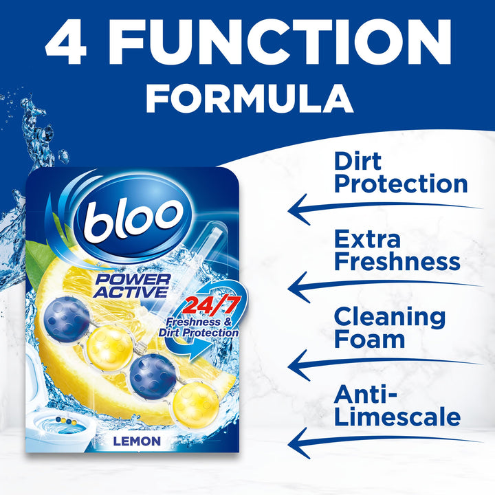 Bloo Power Active Toilet Rim Block - Lemon Scent with Anti-Limescale & Foaming Clean (240 Flushes)