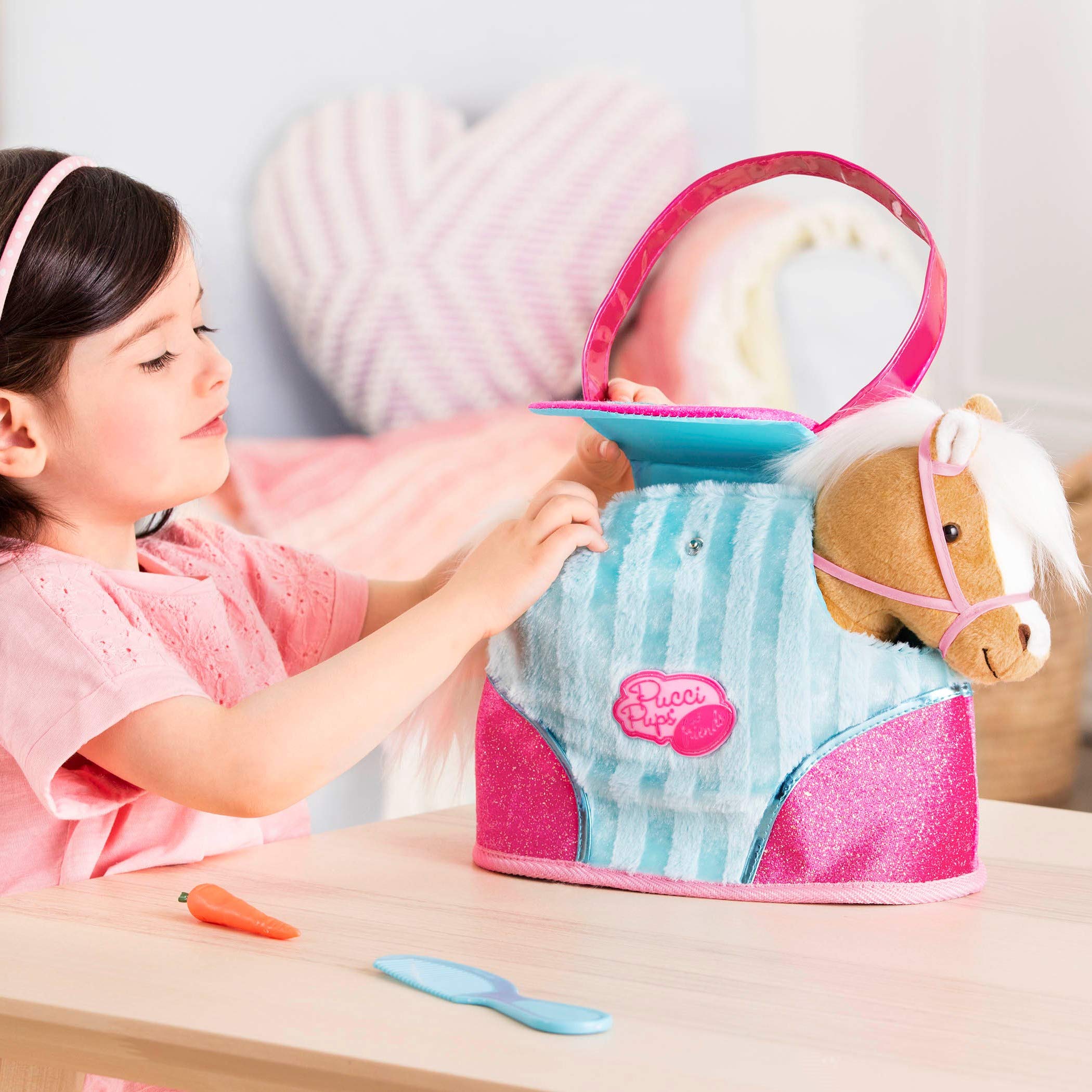 Pucci Pups Beige Horse with Blue Stripes and Pink Pony Bag 12