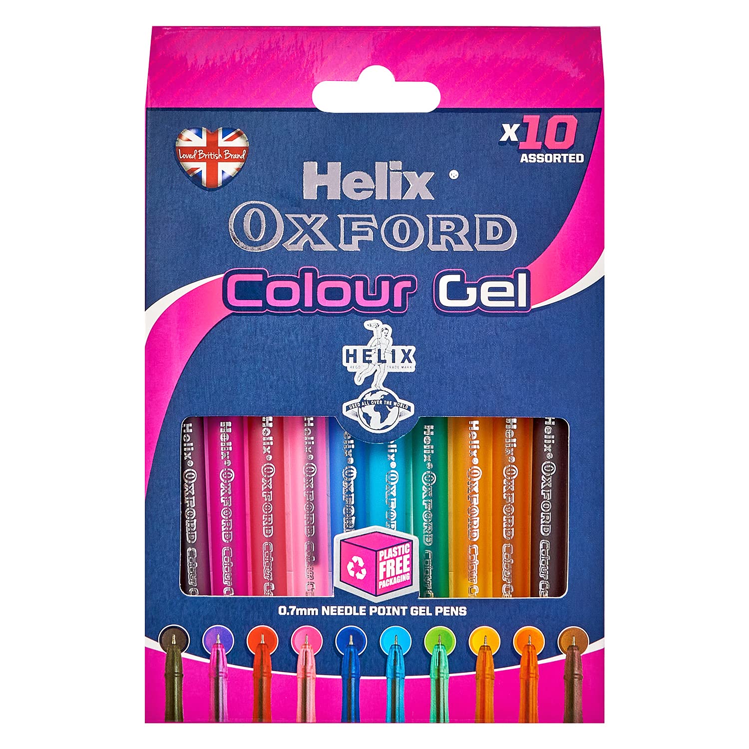 Helix Oxford Colour Gel Pens - 10 Pack Assorted Vivid Colors | 0.7mm Needle Point | Ergonomic Grip