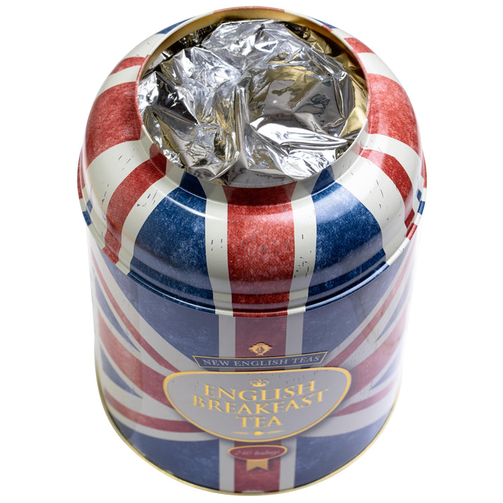New English Teas Union Jack Large Round Tea Caddy with 240 English Breakfast Tea Bags