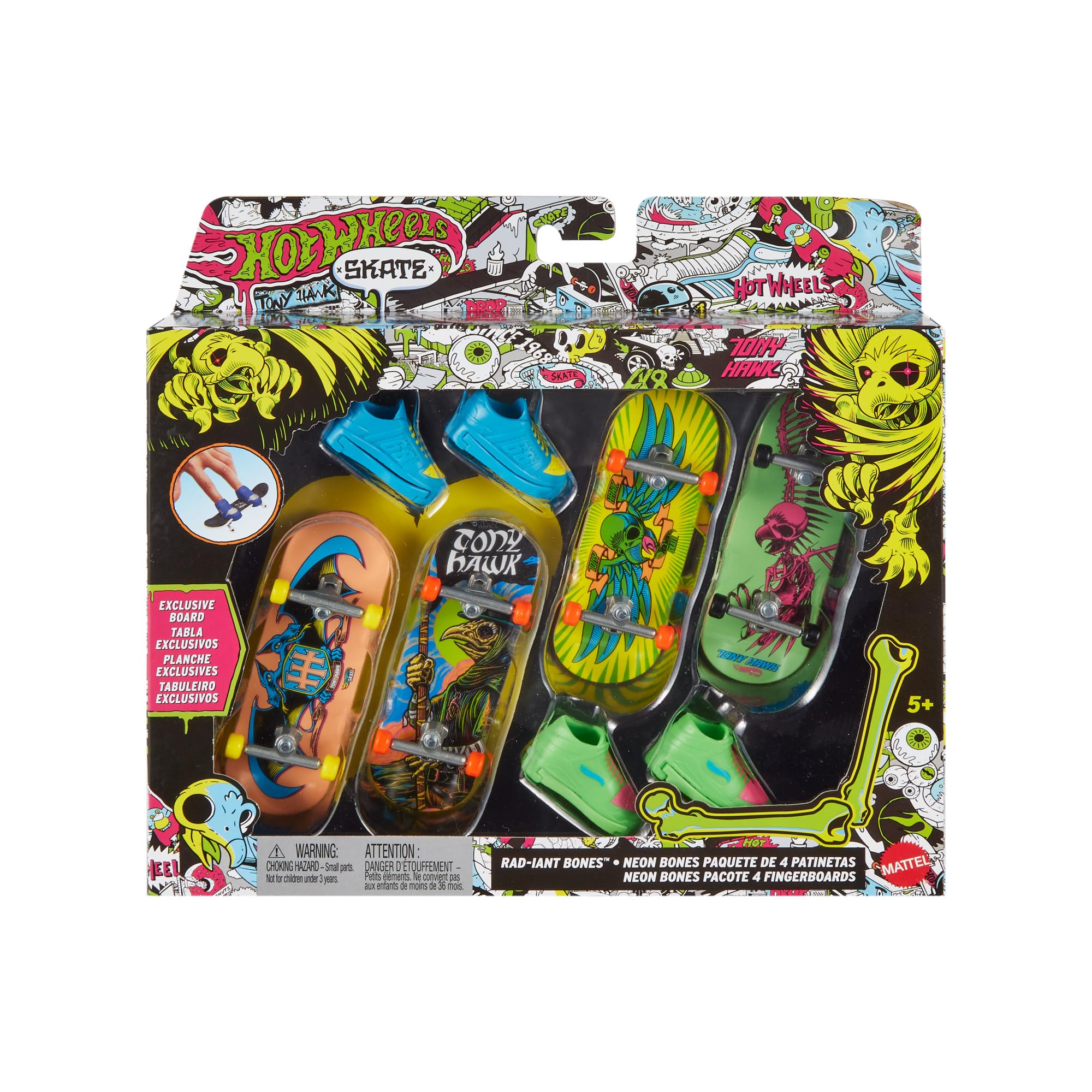 Hot Wheels Skate Neon Bones Tony Hawk-Themed Fingerboard Set of 4 4