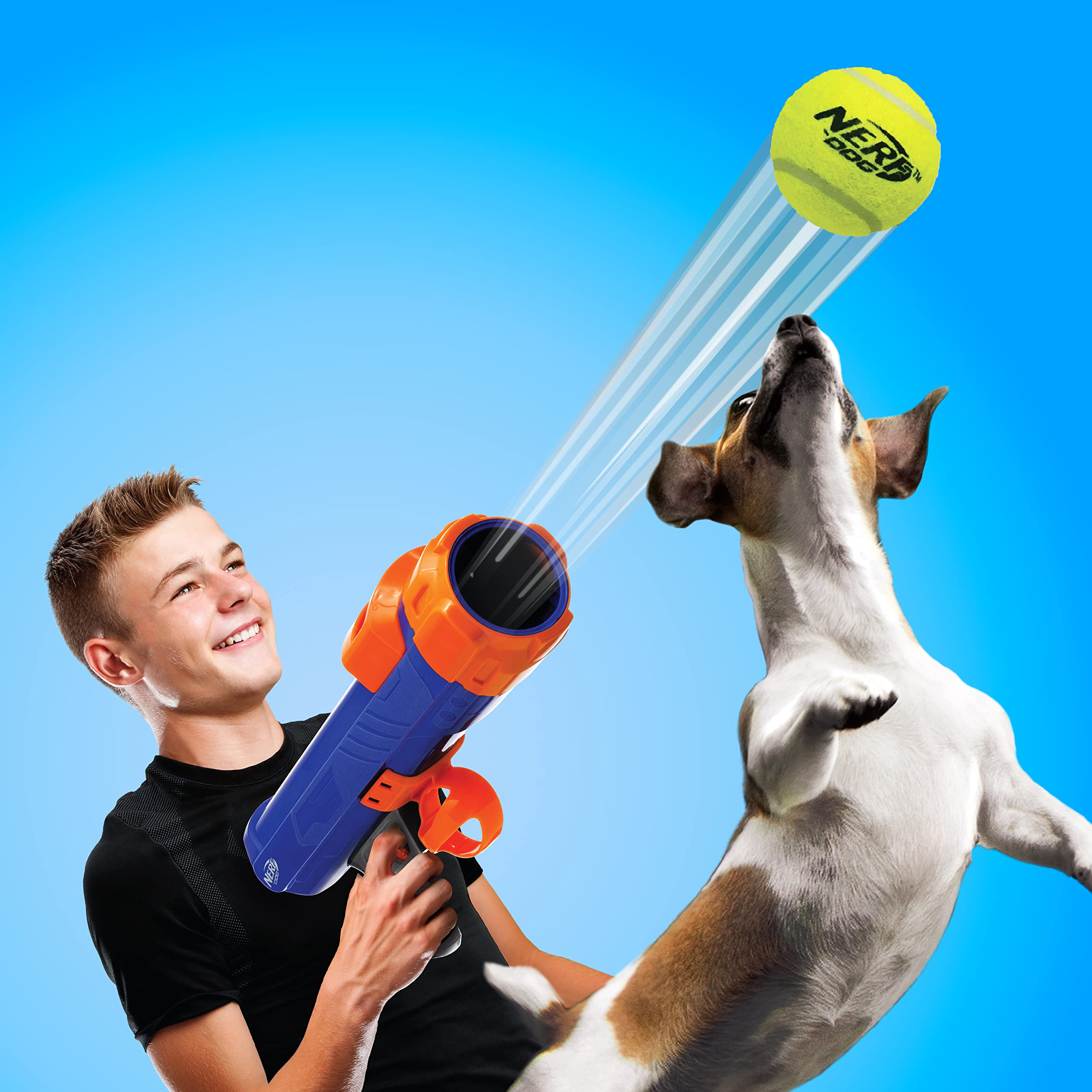 Nerf Dog 12in Blaster w/o Ball Clip | Shoots Up to 50 Feet | Includes 3 Squeak Tennis Balls