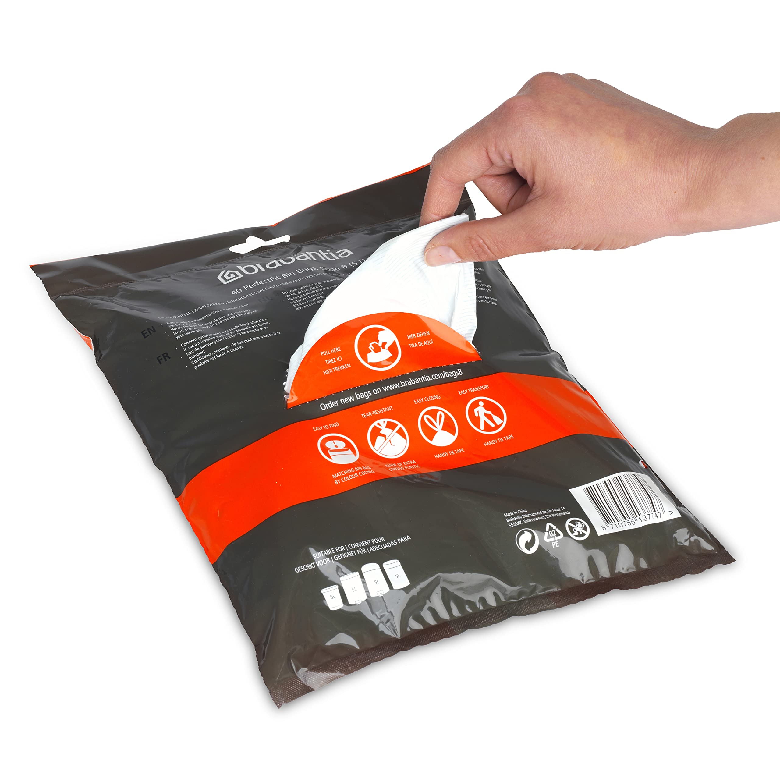Brabantia PerfectFit Bin Liners - Size B (5L Capacity) | Tear-Resistant Plastic Tie-Tape Drawstring | 40 White Bags