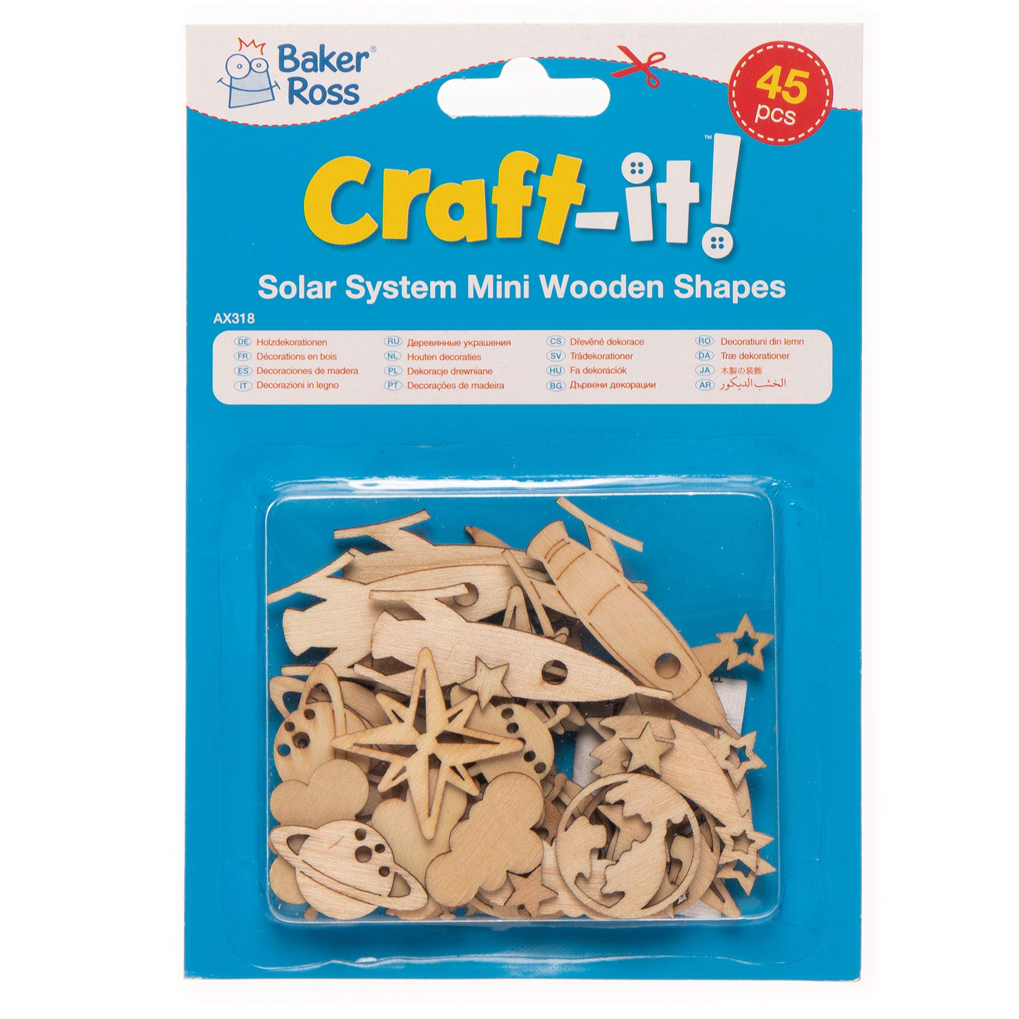 Baker Ross Outer Space Wooden Shape Decorations - Pack of 45, Solar System Shapes (1.5-3cm) 4