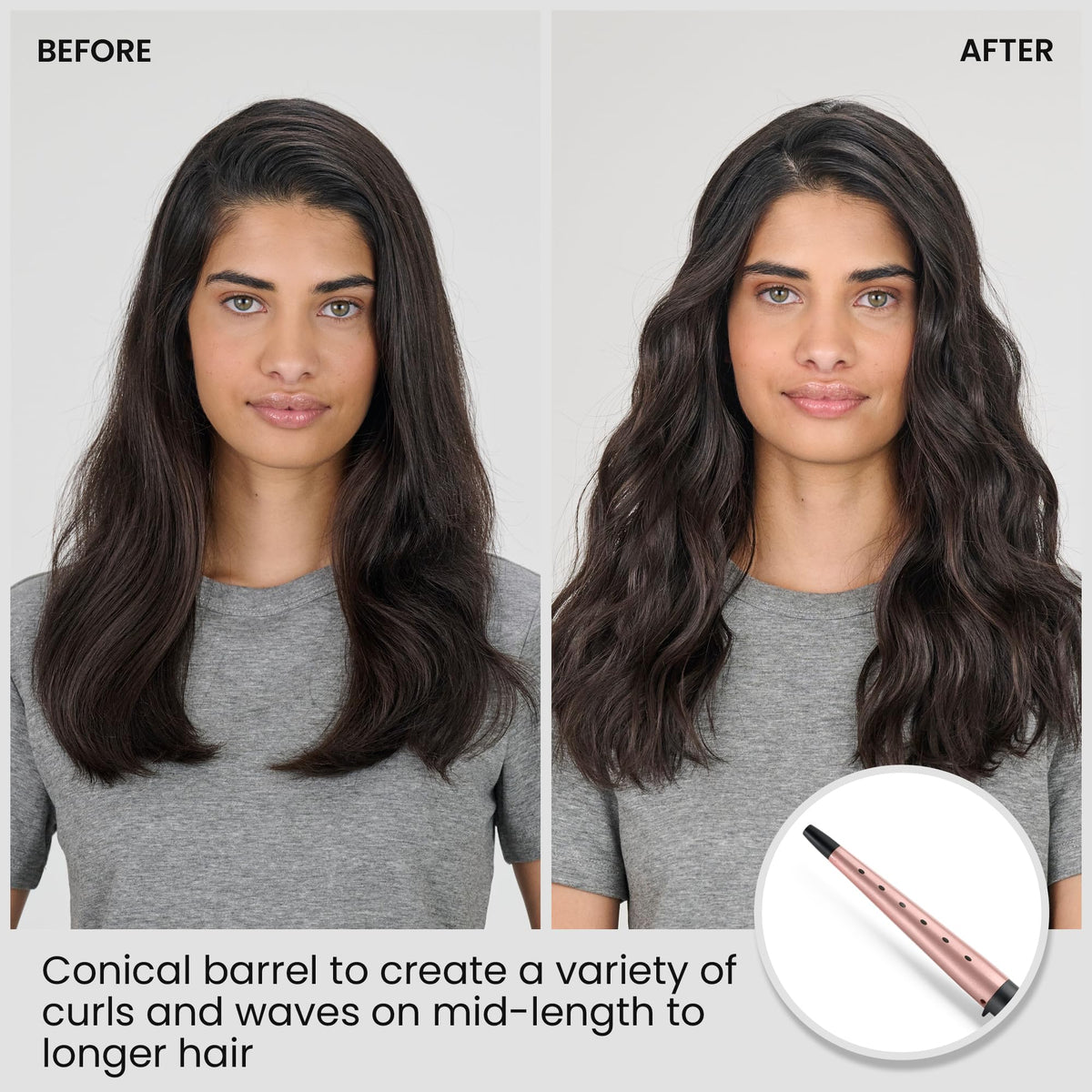 BaByliss Rose Quartz Conical Wand - 13-25mm Natural Waves | Quartz-Ceramic Coating | 6 Heat Settings
