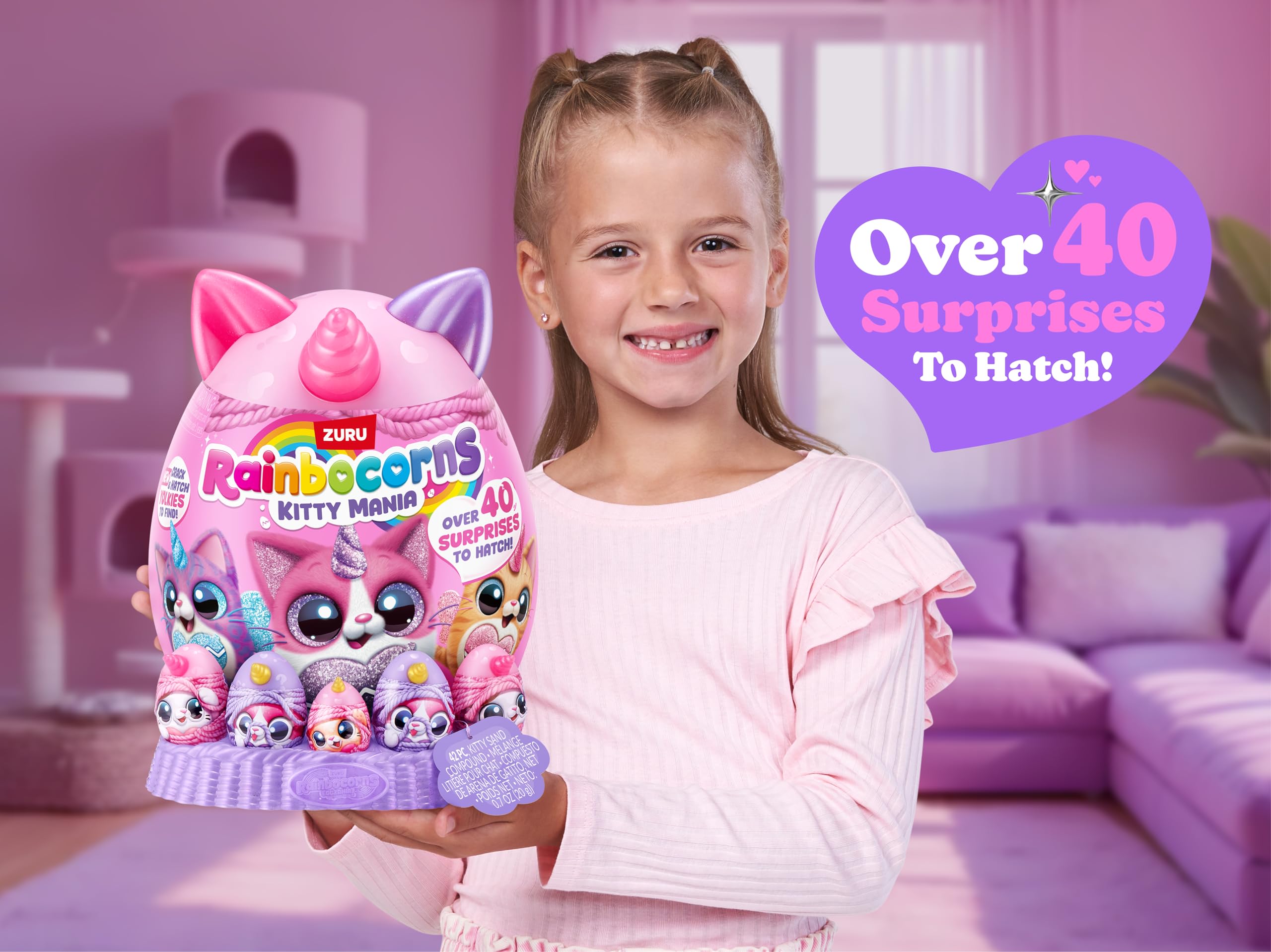 Rainbocorns Kitty Mania Purple Cat (Furrina) - Plush Hug-to-Hatch Toy with 40+ Surprises, Ages 3+ 4