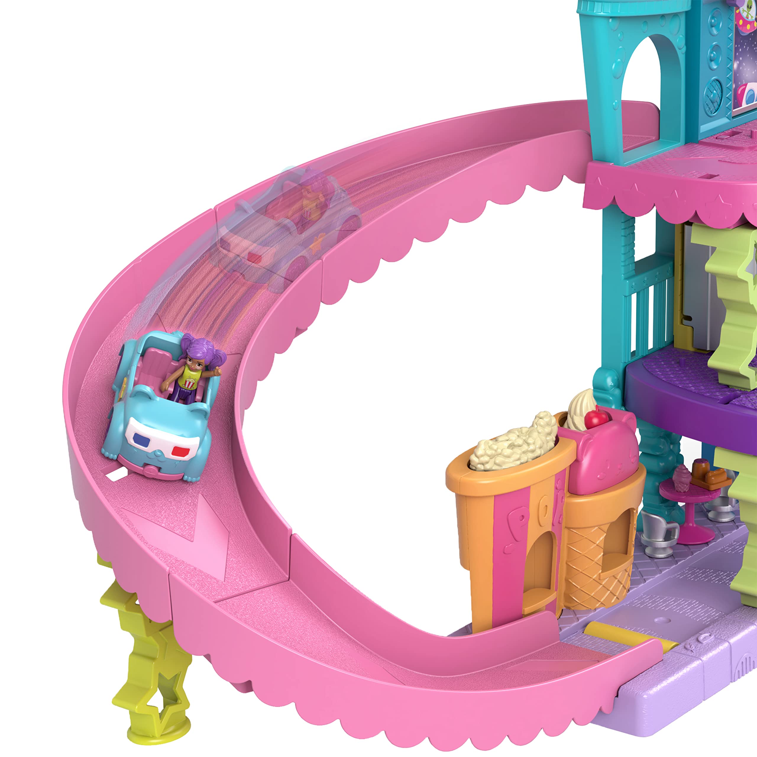 Polly Pocket Pollyville Drive-In Movie Theatre Playset with 2 Micro Dolls, 1 Toy Car, 11 Accessories