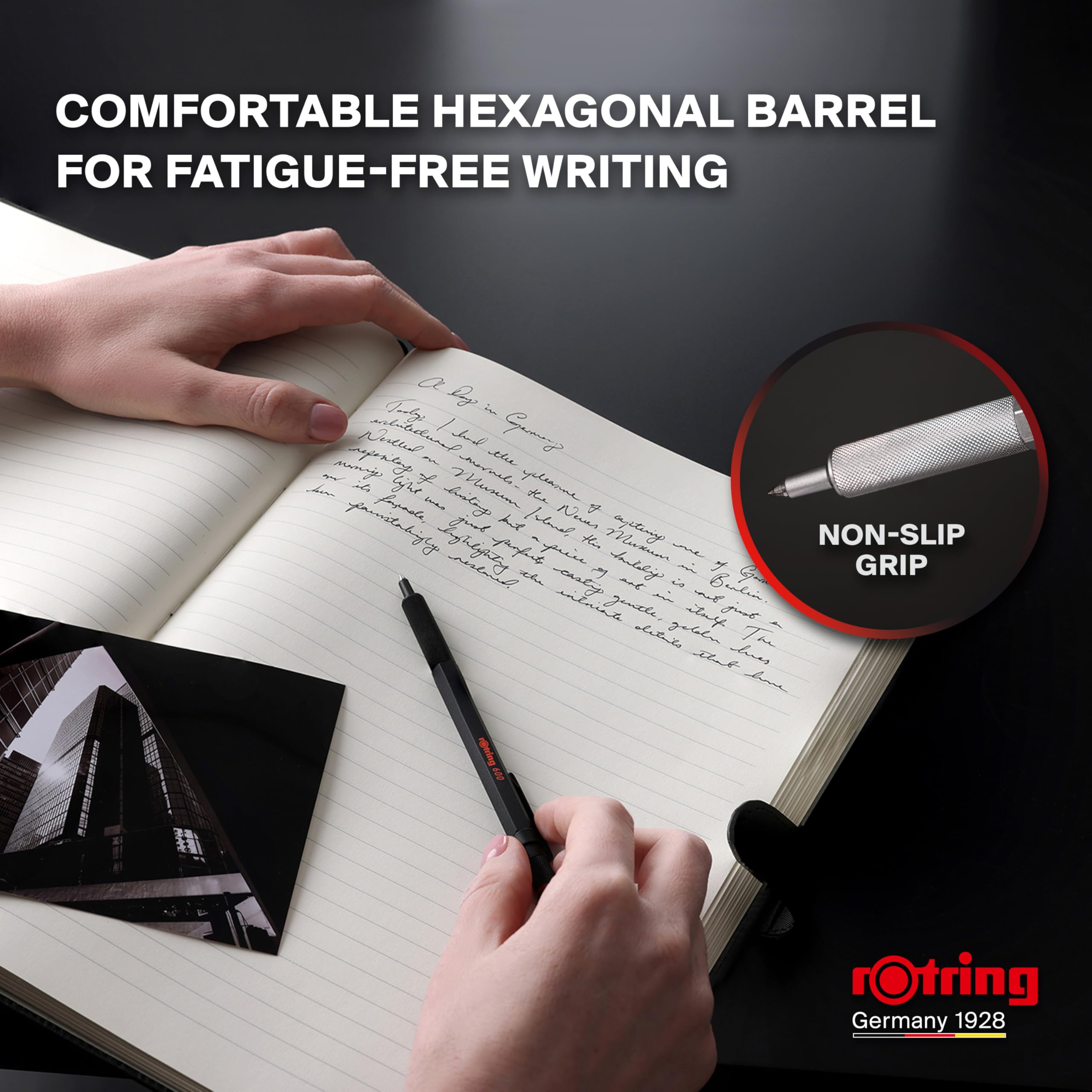 rOtring 600 Gel Pen | 0.55 mm | Black Ink | Black Metal Body Pen | Non-Slip Knurled Grip & Hexagonal Barrel | Refillable 4