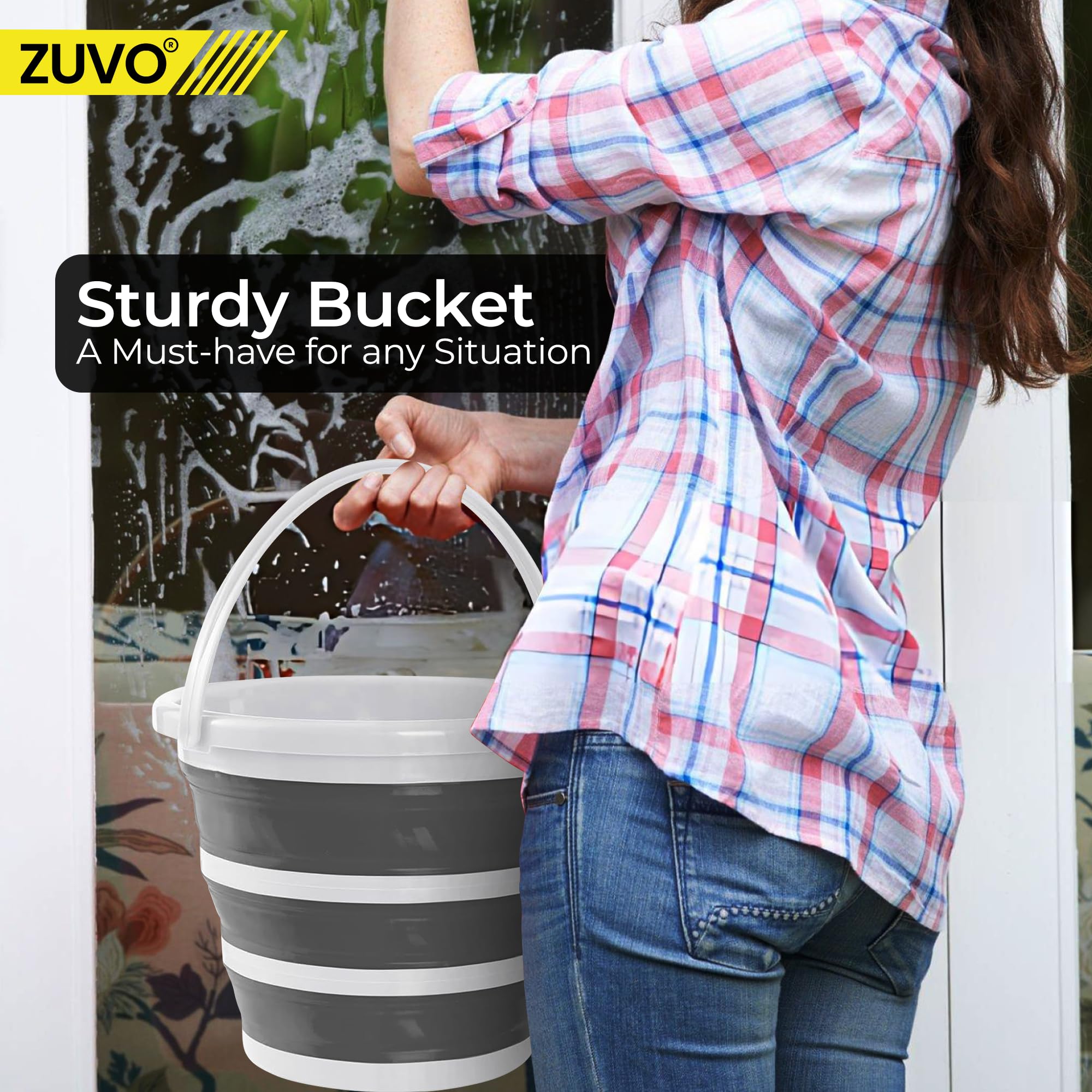 Zuvo Collapsible Bucket - 10L Capacity | Silicone Folding Design | White/Grey 3