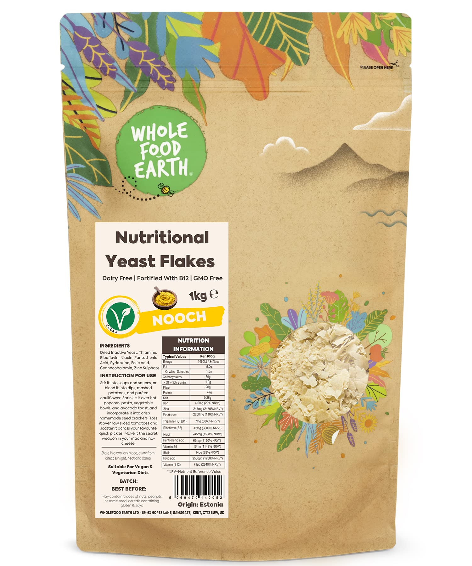 Wholefood Earth Nutritional Yeast Flakes - 1 kg Pack | B12 Enriched | Dairy Free | GMO Free