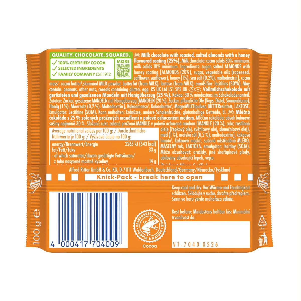 Ritter Sport Nut Selection Honey Salted Almonds Chocolate Bar - 100g