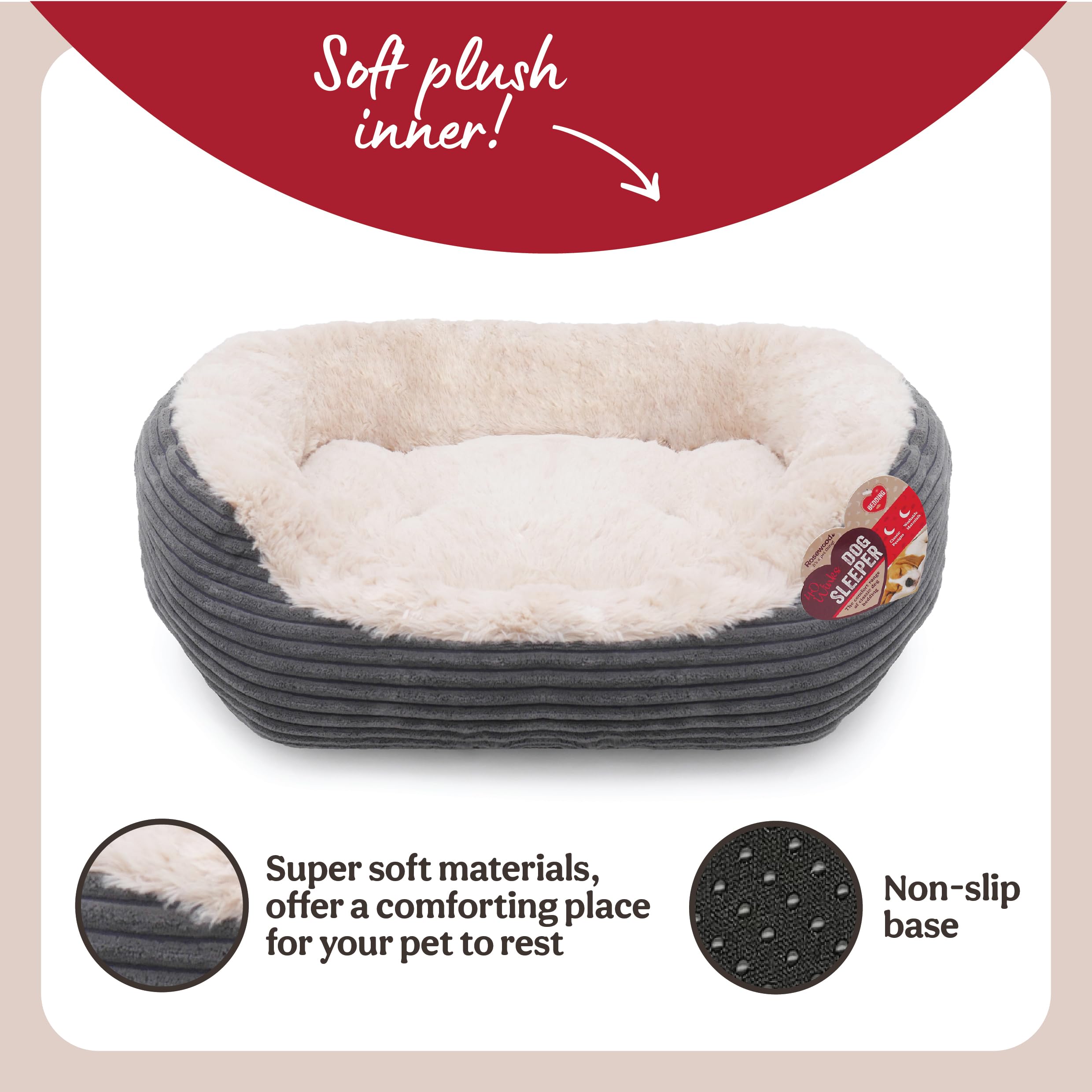 Rosewood Jumbo Cord Plush Dog Bed - Small, 51x45cm, Washable Oval Pet Bed 3