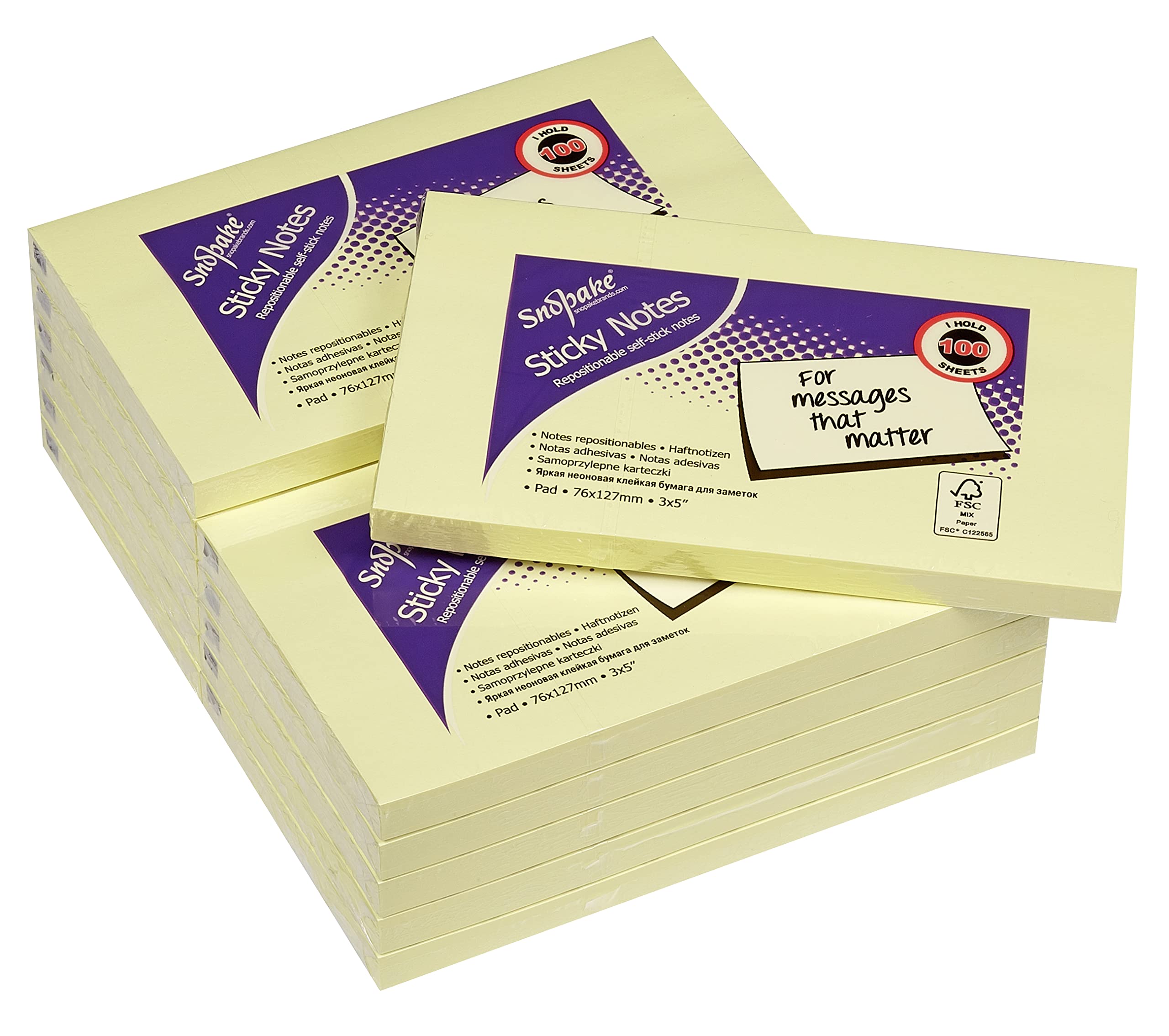 Snopake Yellow Self-Stick Notes - 127 x 76 mm | 12 Pads of 100 Sheets | Stronger Adhesive 2